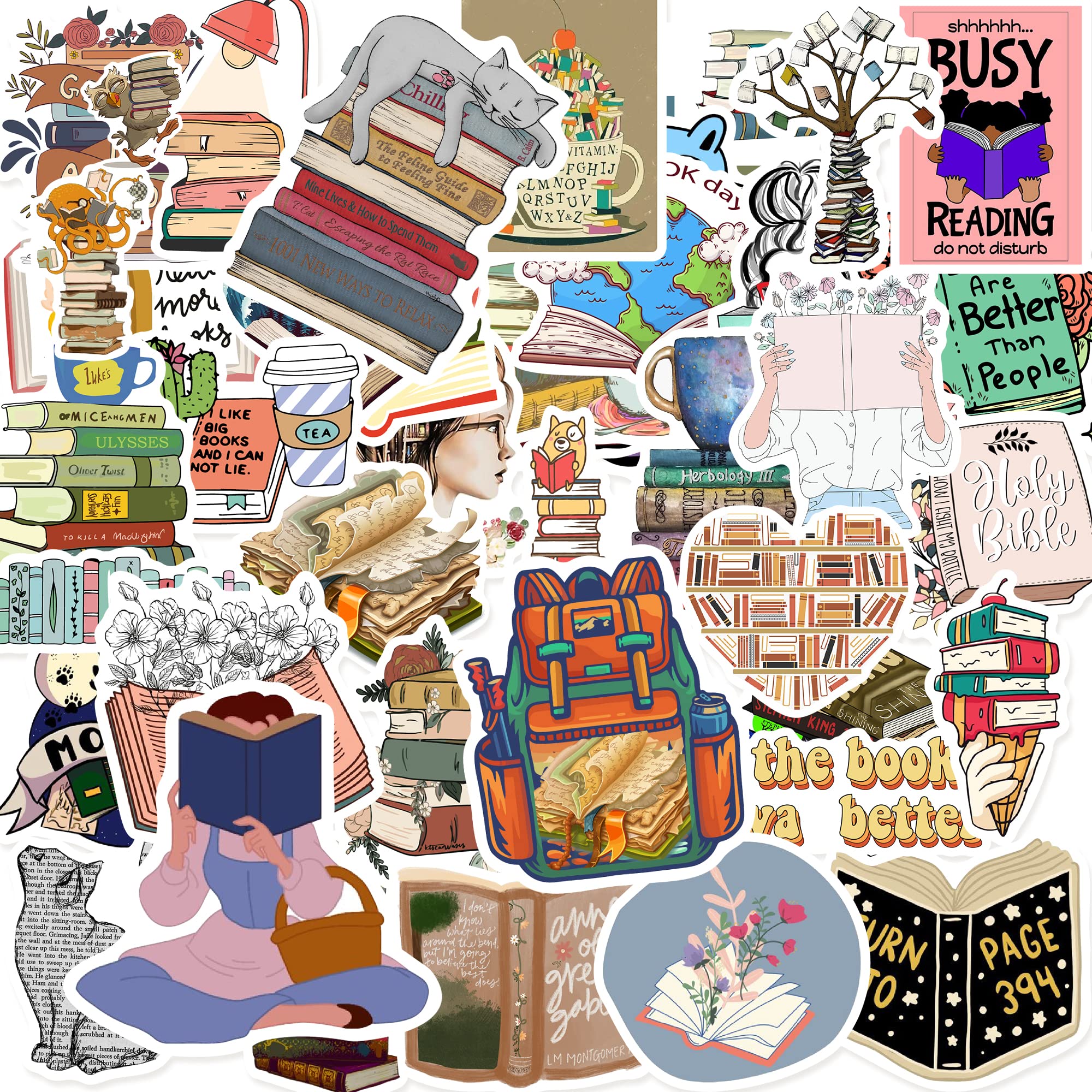 Book Stickers - Aesthetic Waterproof Vinyl Decals for Laptop & Phone - 50 Pcs - Perfect for Teens & Girls Study Decor