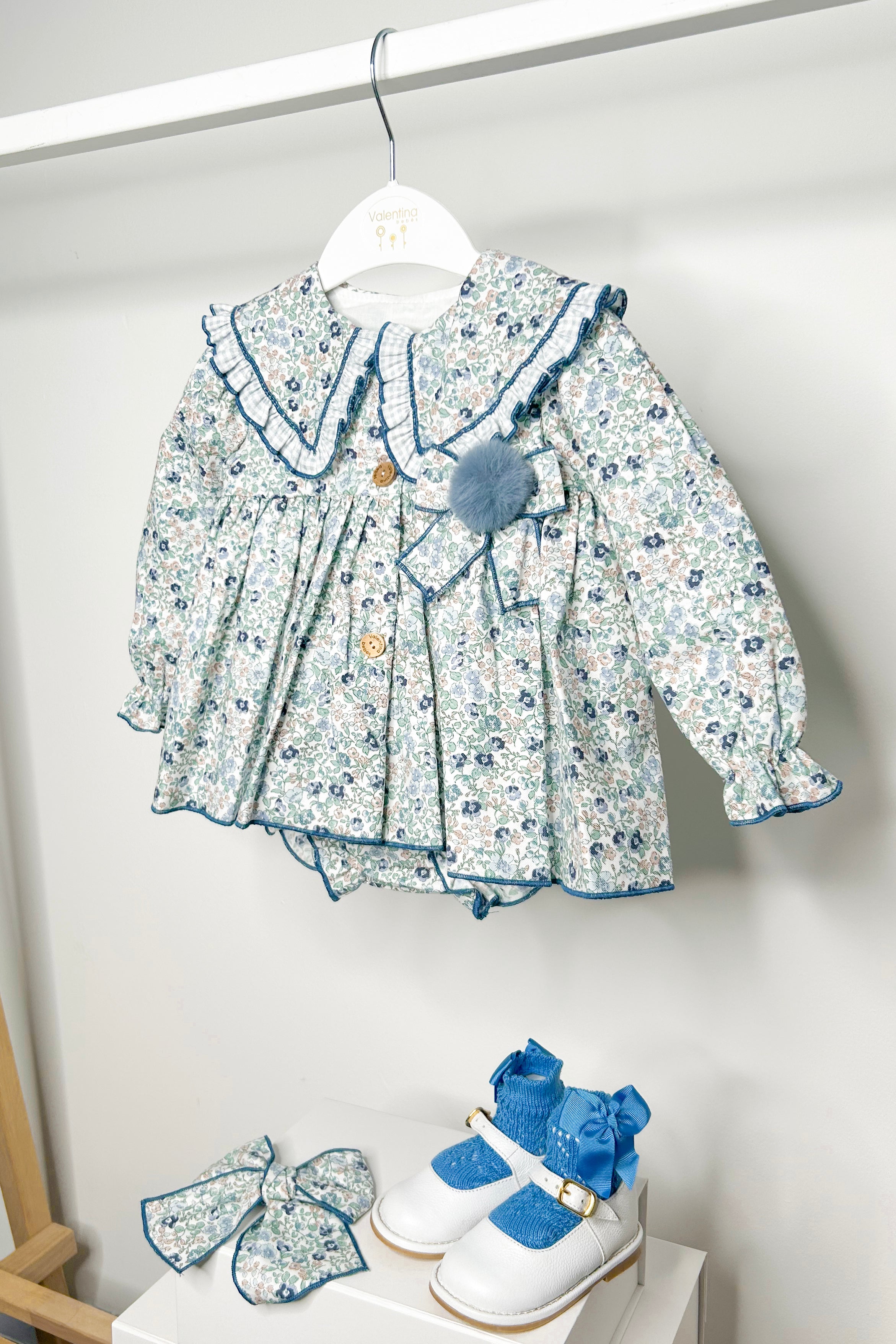 Philippa Dusky Blue Vintage Floral Dress & Bloomers Set - Retro Floral Print Tea Dress with Matching Bloomers for Women - Perfect for Tea Parties, Garden Weddings & Vintage Photo Shoots