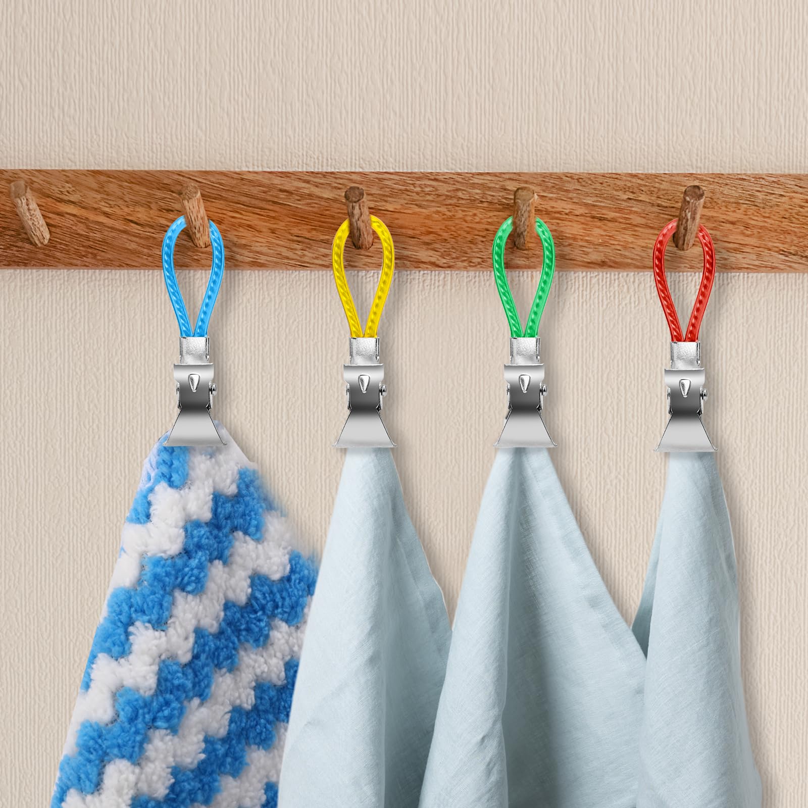 Mozeat Lens Towel Clips - 4 Pack Hanging Towel Clips with Loop for Kitchen, Bathroom, Cupboard - Durable Stainless Steel Tea Towel Hooks for Home Organization (Perfect for Hanging Dish Towels, Hand Towels, and Aprons)