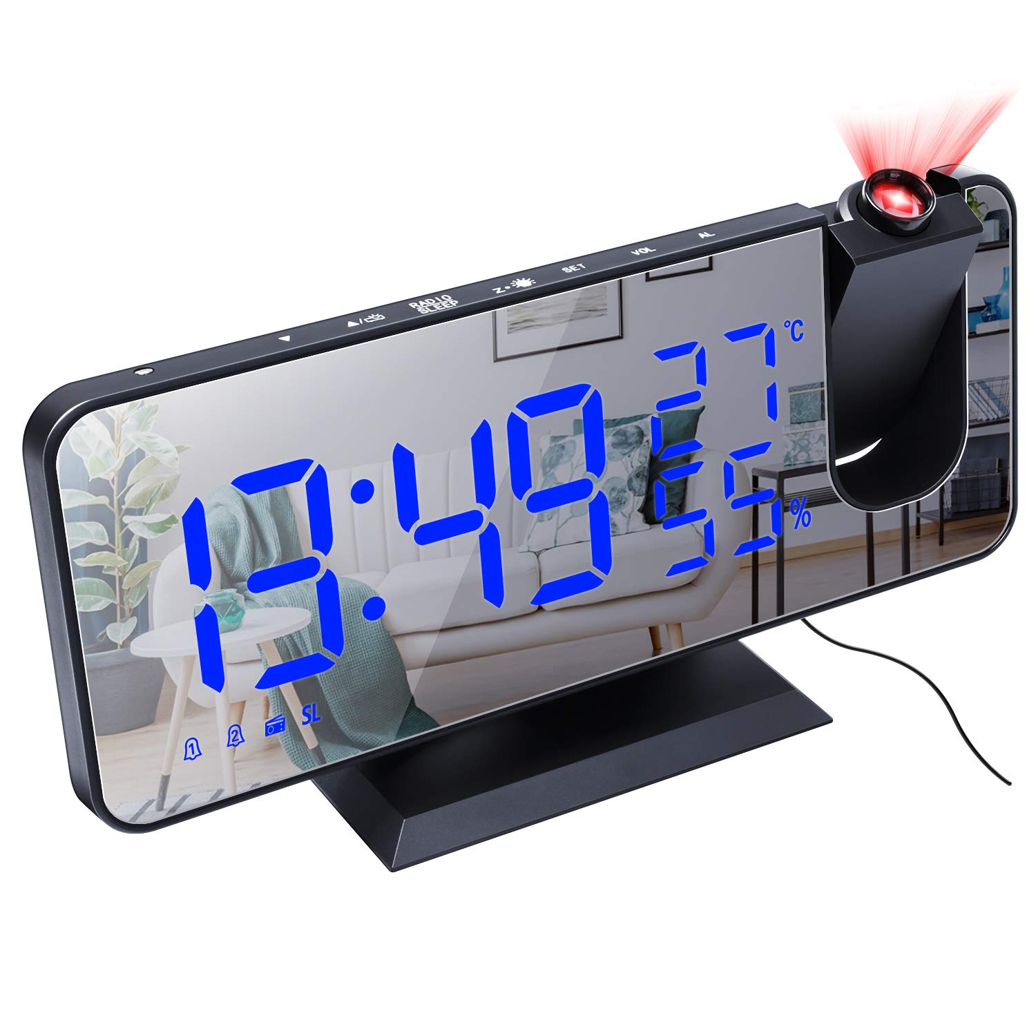 Digital Projection Alarm Clock for Bedroom - Ceiling Display, Dual Alarm with 2 Sounds, USB Phone Charger, 4 Dimmer Settings, 180° Rotation & 7.3