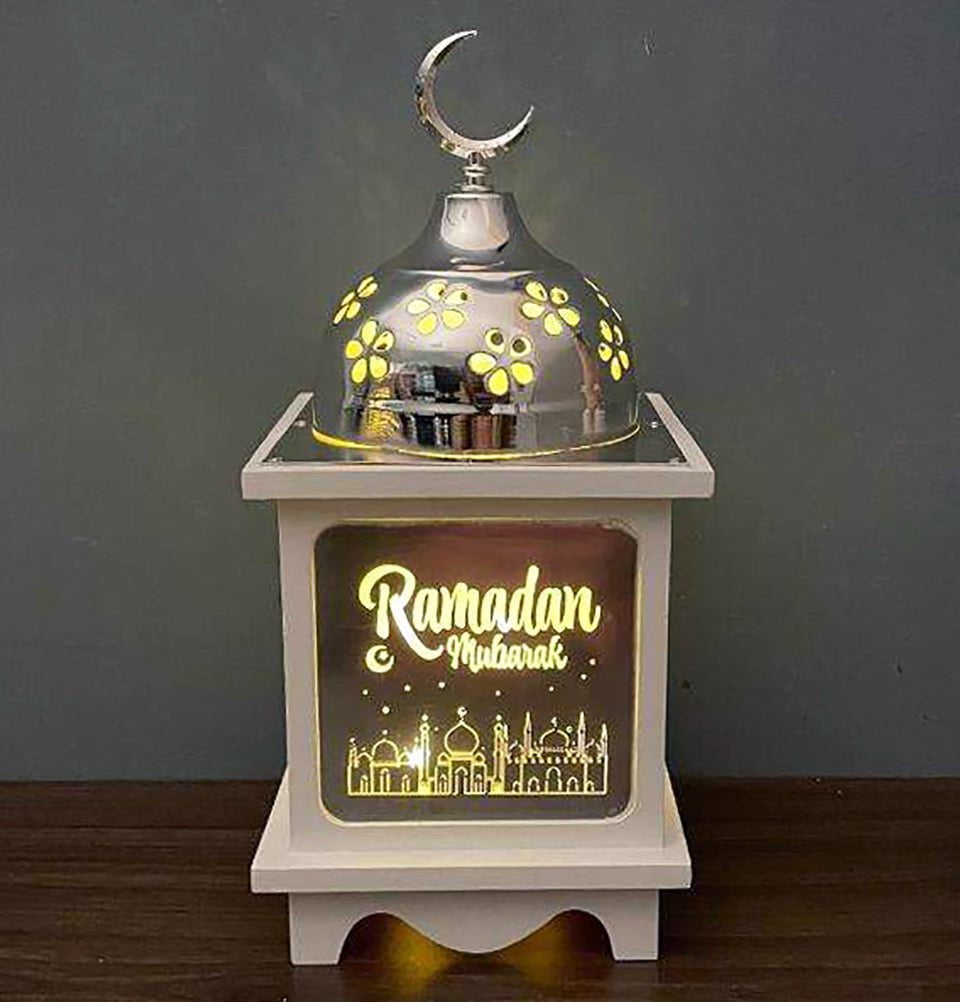 Ramadan Mubarak Lantern - 11.5 Inch White Islamic Holiday Decoration for Home, Mosque & Eid Celebrations