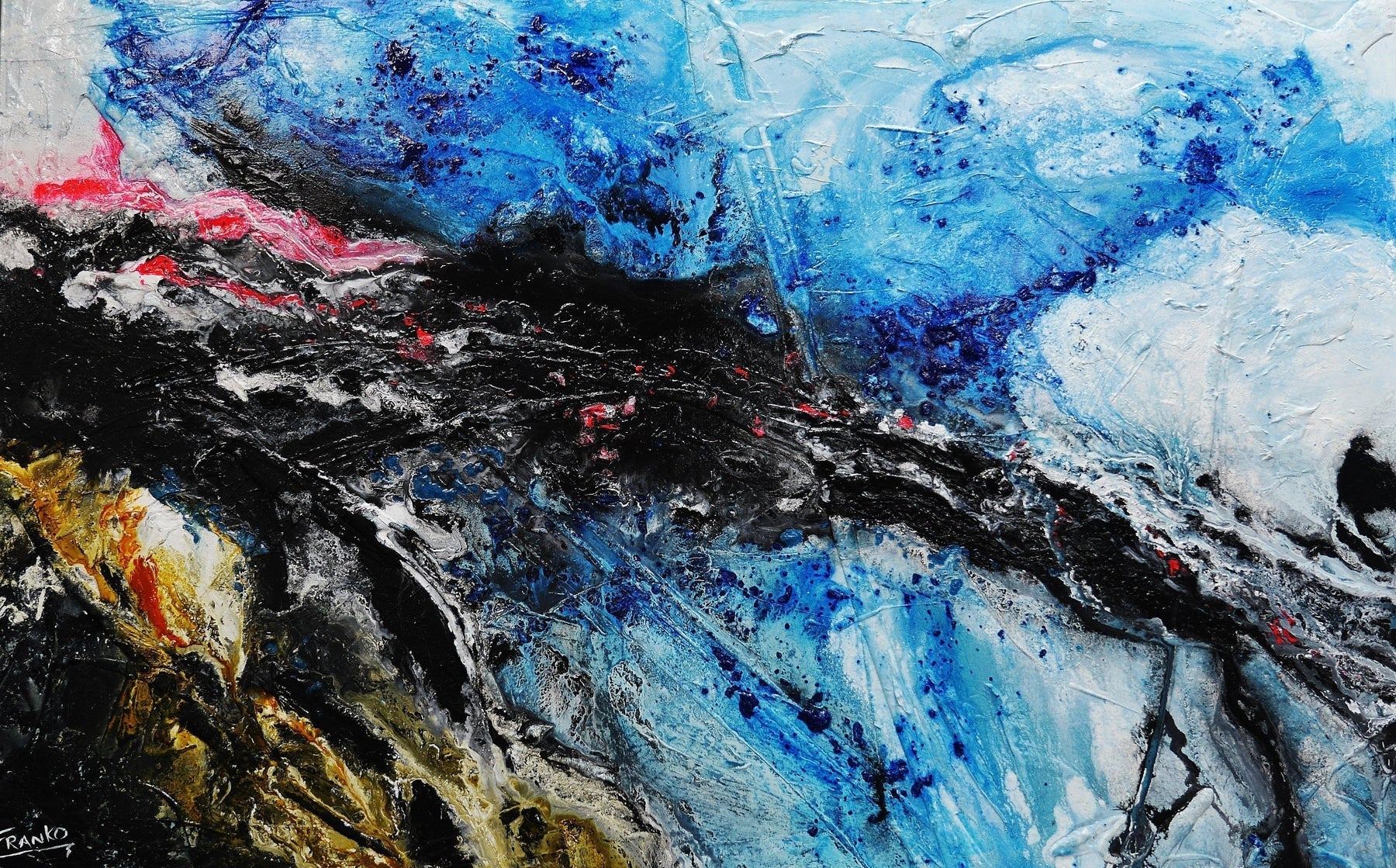 160cm x 100cm Blue Yellow Pink Black Textured Abstract Jellyfish Painting - Modern Wall Art for Living Room, Bedroom & Office Decor
