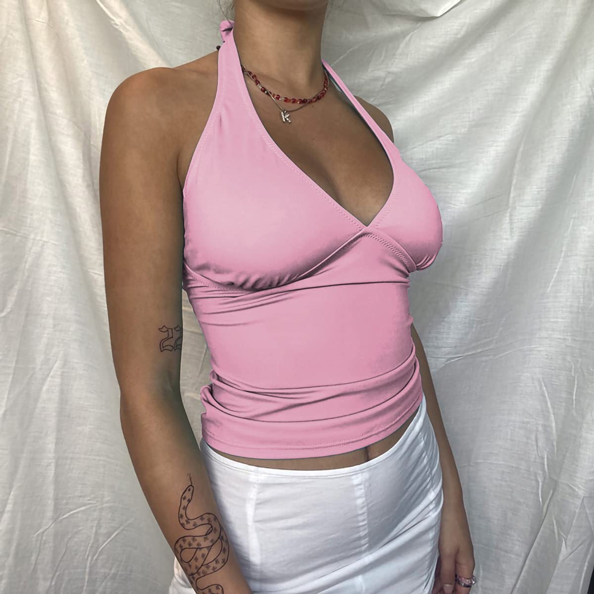 Dream Slim Women's Tie Back Halter Crop Top - Sexy Deep V Neck Sleeveless Summer Camisole for Workout, Beach & Casual Wear | Flattering Workout Tank Tops for Yoga, Gym & Night Out