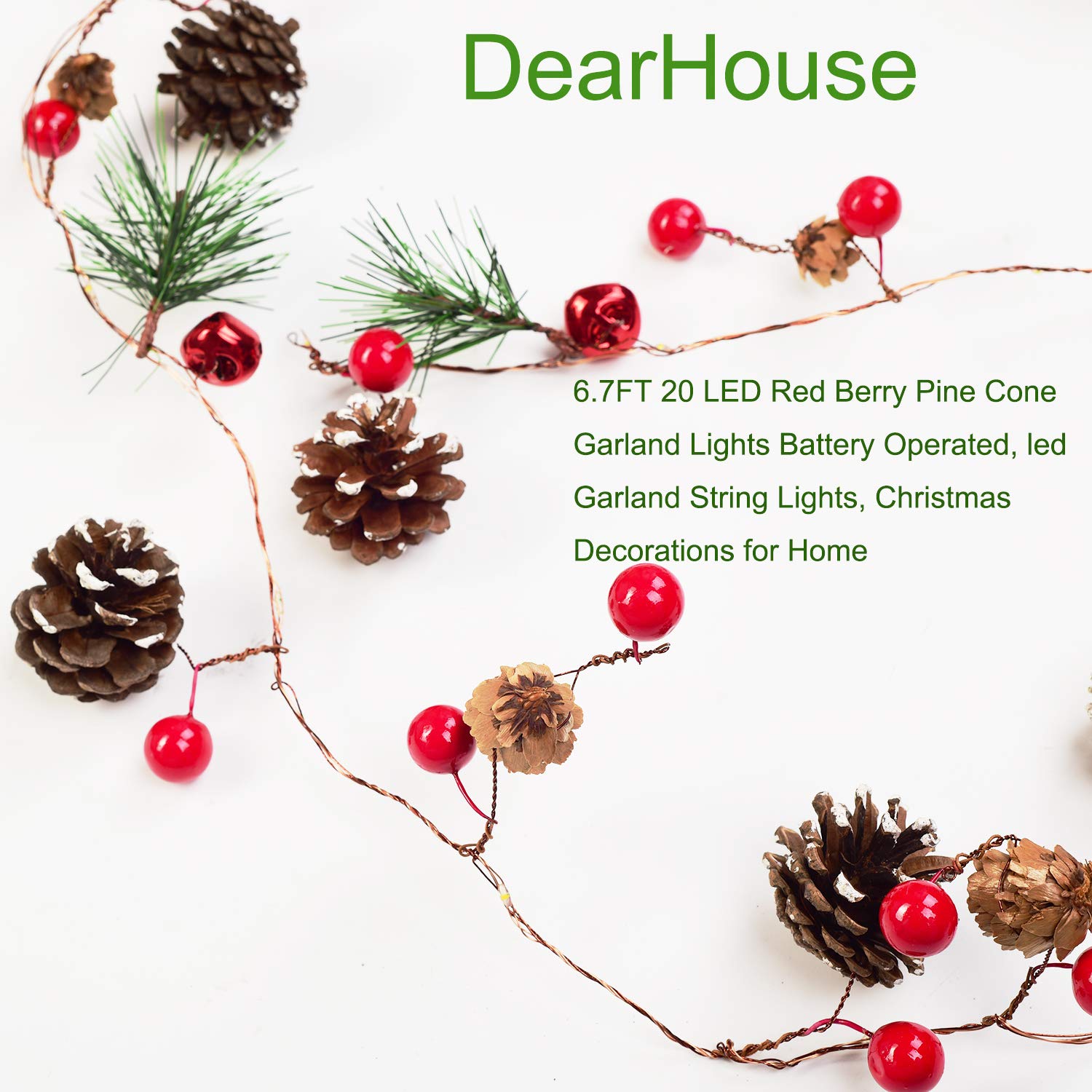 DearHouse 6.7FT Christmas Garland with 20 LED Lights - Battery Operated Red Berry Pine Cone Garland String Lights for Fireplace, Mantel, and Holiday Home Decor | Indoor/Outdoor Christmas Tree & Window Decoration