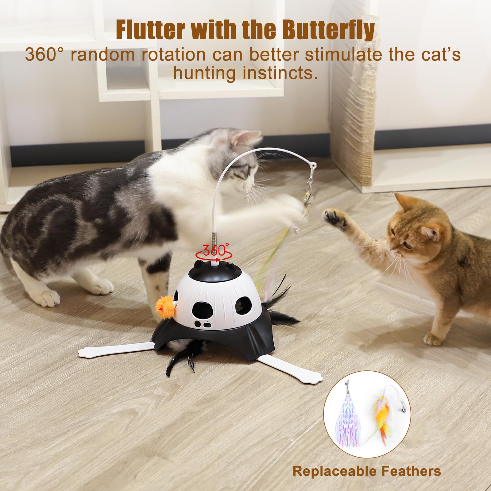 3-in-1 Automatic Cat Toy with Fluttering Butterfly, Whack-a-Mole & Rotating Feather Wand - USB Rechargeable Interactive Cat Toys for Indoor Cats - Perfect for Multi-Cat Households & Playtime (Black)