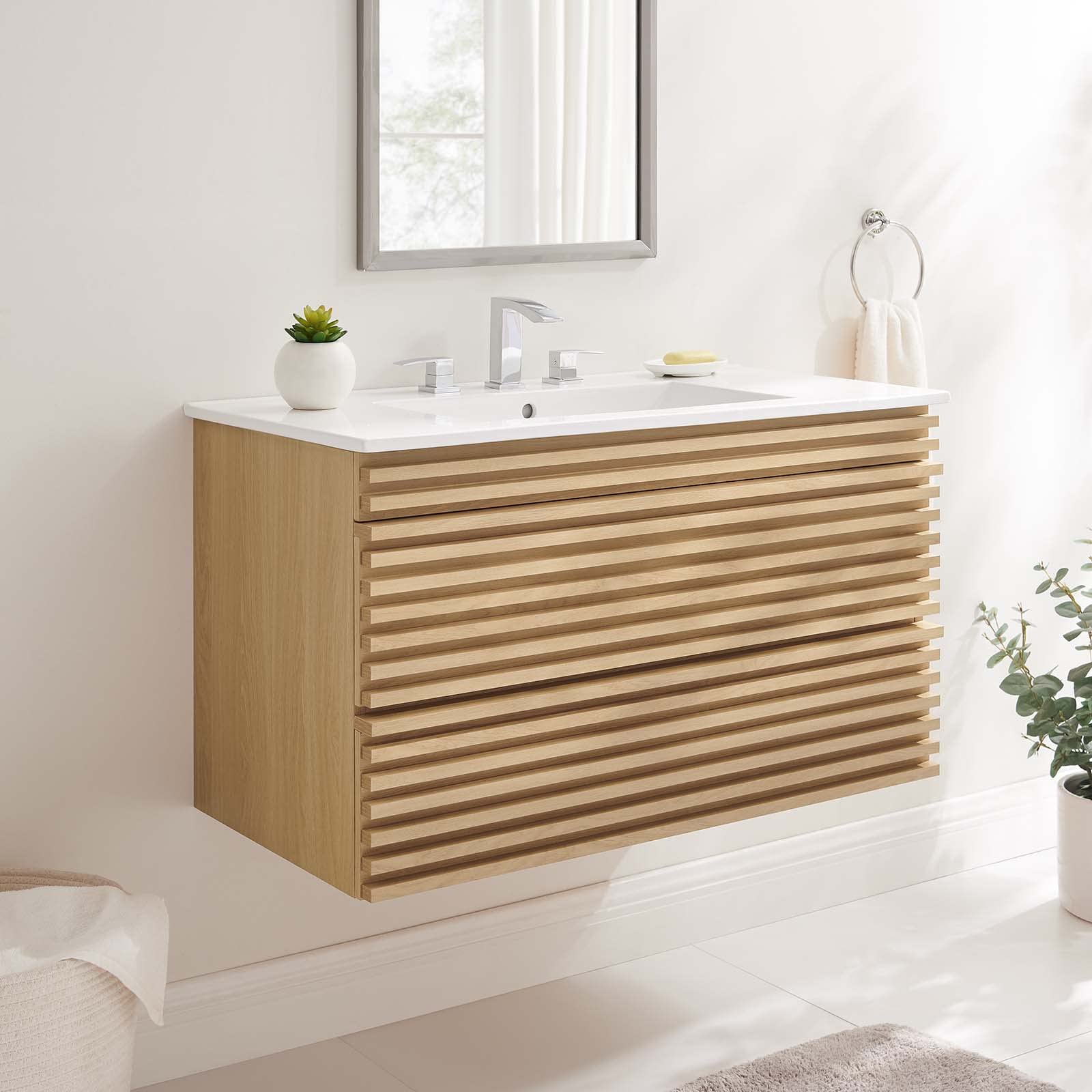 Modway Render 36 Inch Wall Mounted Bathroom Vanity - White Oak Finish for Modern Bathrooms, Small Spaces & Powder Rooms
