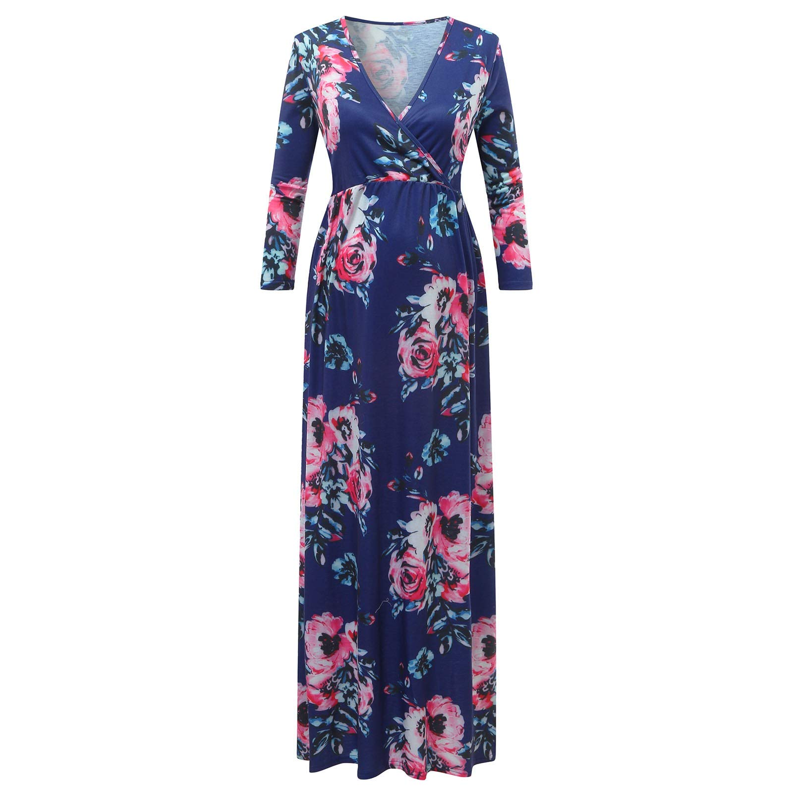Maternity Wrap Maxi Dress for Women - V-Neck 3/4 Sleeve Pregnancy Dress, Comfortable Casual Nursing Dress for Pregnancy, Baby Shower & Everyday Wear