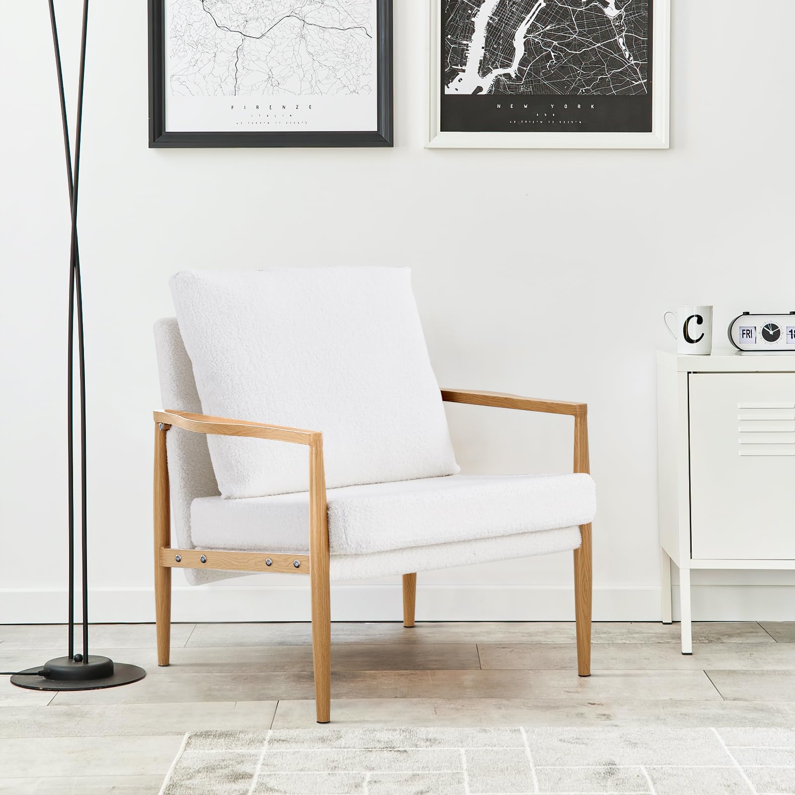 Hommoo Teddy Sherpa Upholstered Accent Chair - Modern Living Room & Bedroom Armchair with Metal Frame & Removable Cushion - Wood Color Comfy Leisure Chair for Reading Nook, Home Office & Cozy Spaces (White)