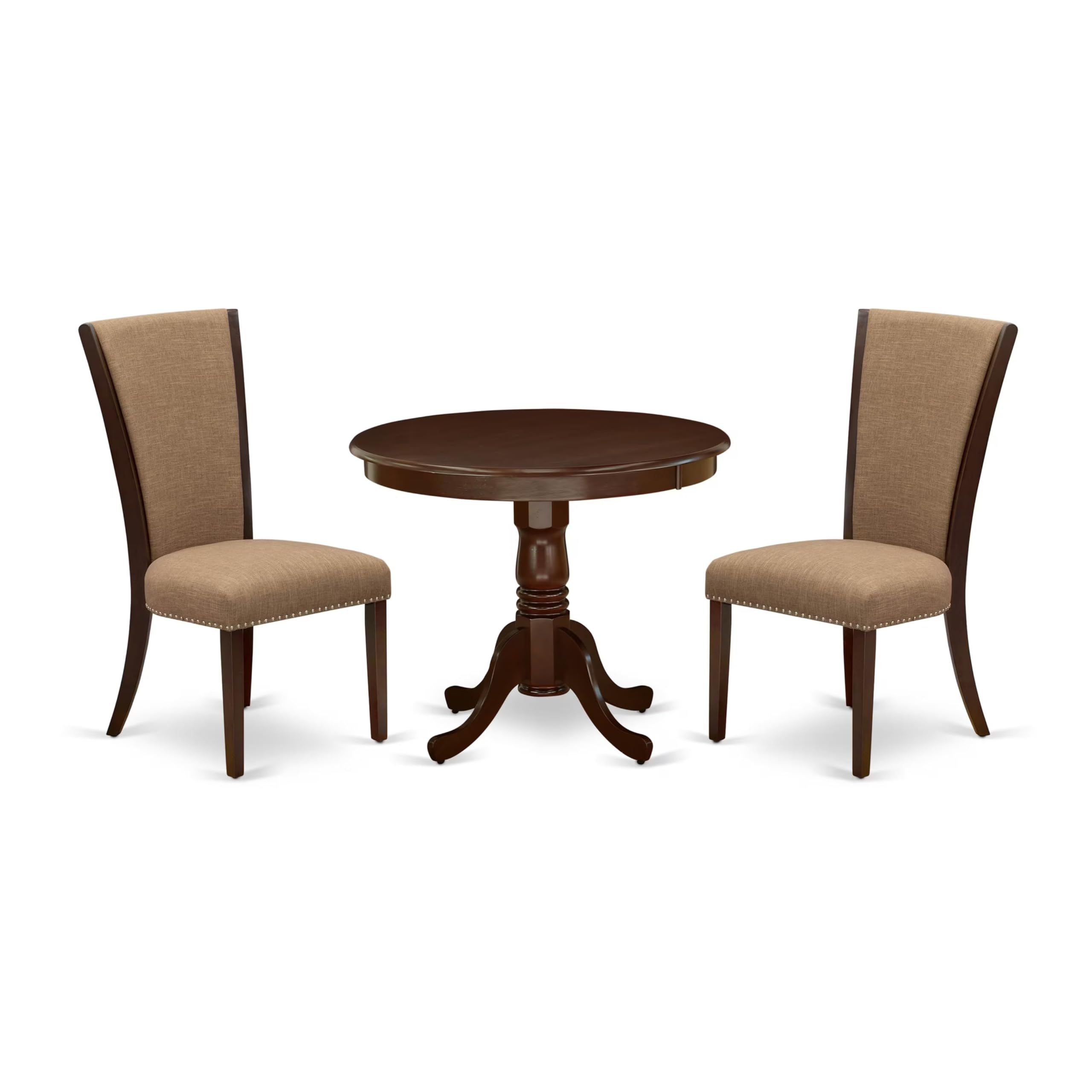 East West Furniture ANVE3-MAH-47 3-Piece Round Dining Table Set with Pedestal Base & 2 Linen Fabric Parson Chairs - 36x36 Inch, Linen White - Perfect for Small Spaces, Apartments, and Cozy Kitchens