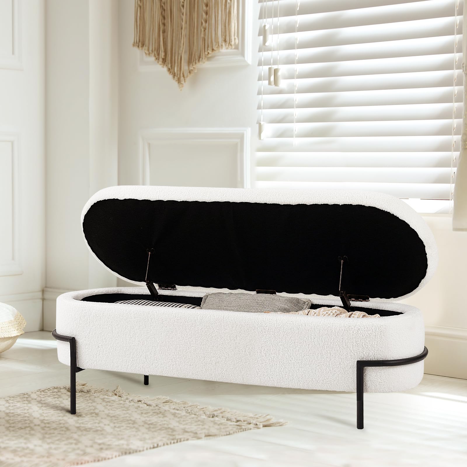 White Storage Bench Ottoman with Sherpa Upholstery - 45