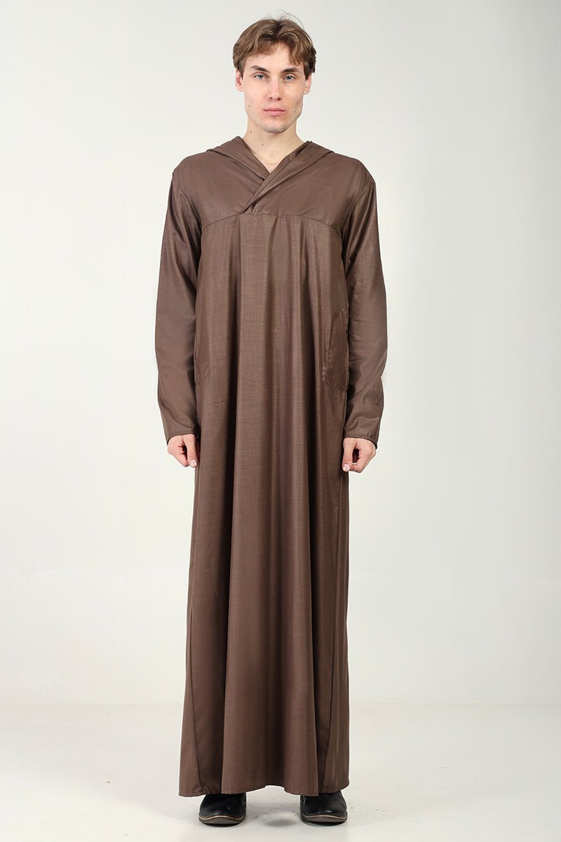 Men's Casual Polyester Poplin Thobe with Overlap Neck & Attached Hood - Comfortable Islamic Robe for Daily Wear & Prayer - Perfect for Home, Mosque, and Special Occasions