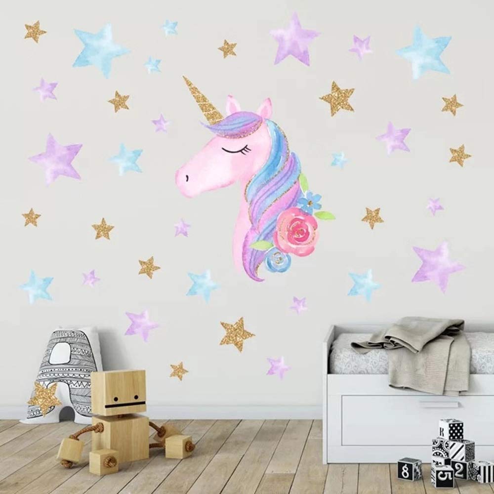 Unicorn Wall Decals for Kids Room - Stars & Flowers Nursery Decor for Boys & Girls Birthday Party