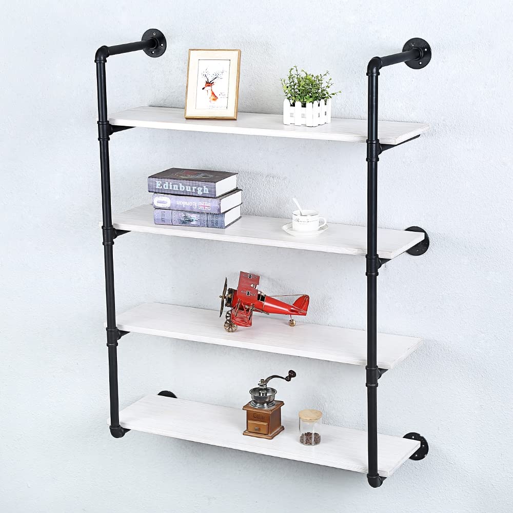 Industrial Pipe Shelving Wall Mounted - 36in Rustic Metal Floating Shelves with Real Wood - Steampunk Style Bookshelf for Farmhouse, Kitchen & Bar (4-Tier) - Perfect for Home Office, Living Room & Bedroom Storage