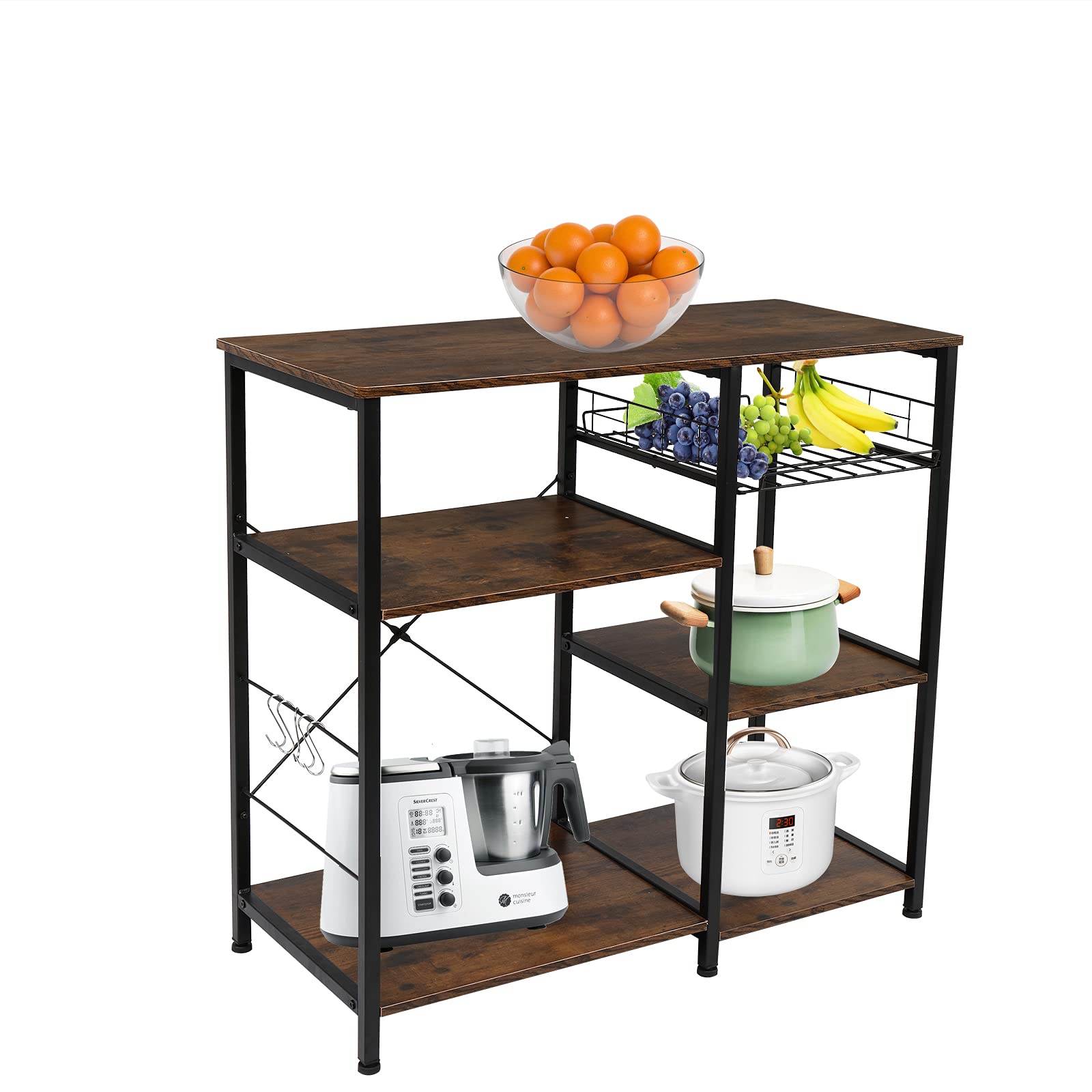 ACLULION Kitchen Bakers Rack with 5 S-Hooks & Wire Basket - Microwave Stand for Spices, Pots, Pans - Rustic Brown & Black Storage Shelf for Small Kitchen, Pantry, or Dining Room Organization