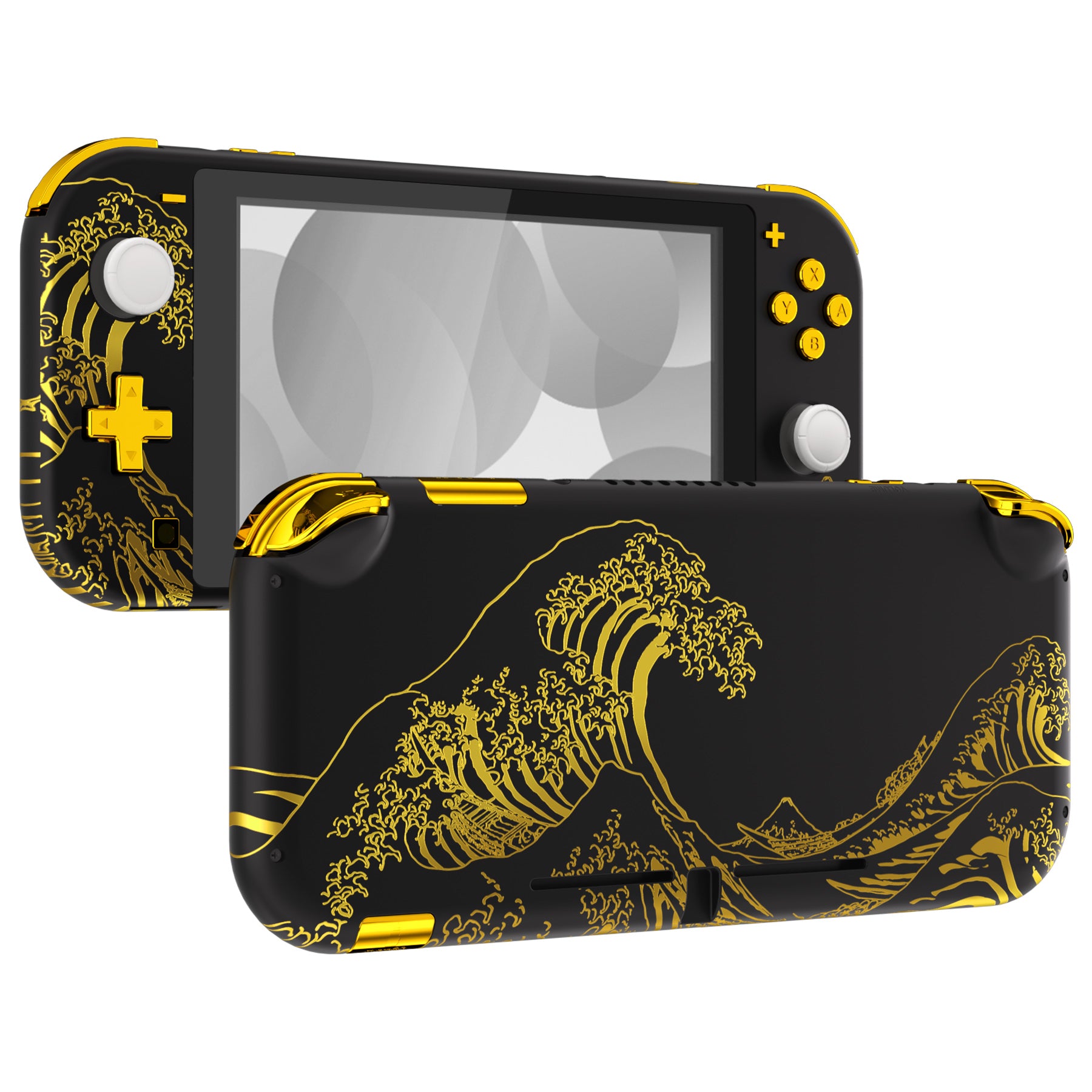 eXtremeRate Golden Wave Off Kanagawa Black DIY Replacement Shell for Nintendo Switch Lite - Custom Controller Housing with Screen Protector | Durable Case Cover for NSL Handheld Console | Perfect for Gaming Enthusiasts & Travel Protection