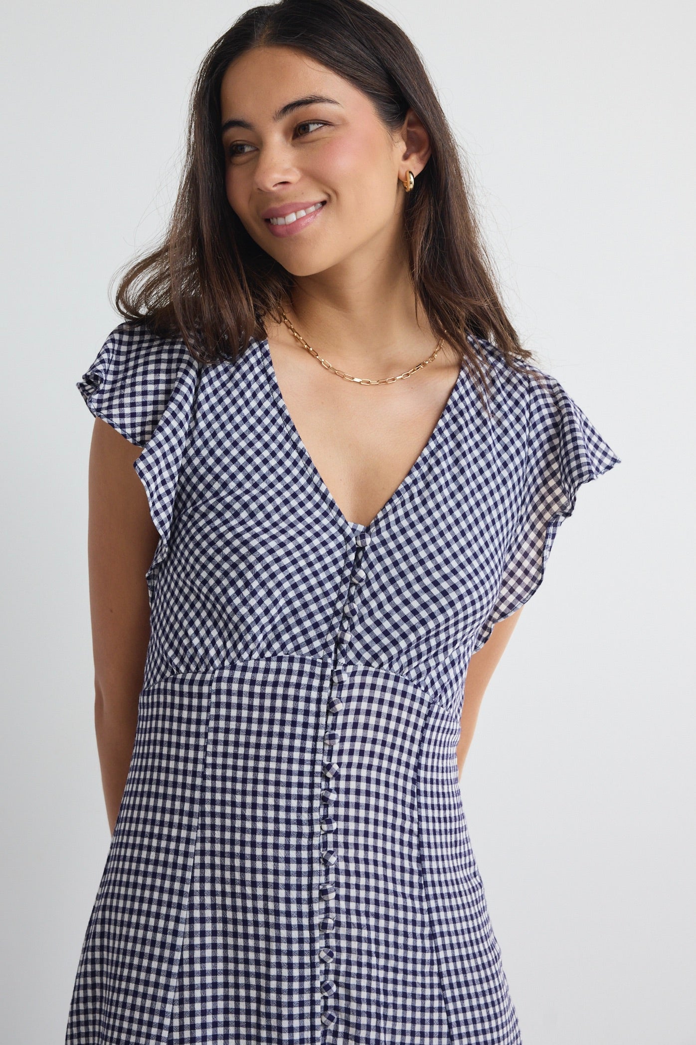 Flawless Navy Gingham Fluted Sleeve Button Front Midi Dress for Women - Elegant Summer Office Wear & Garden Party Outfit
