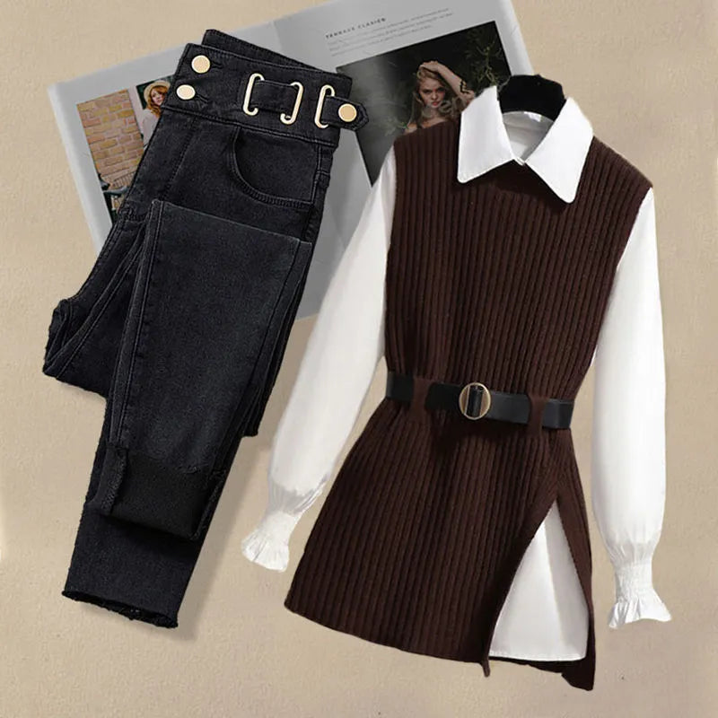 Korean Style Autumn Women's 3-Piece Outfit - Chiffon Shirt, Knitted Sweater & Jeans Set, Elegant Tracksuit for Casual Wear | Office, Dating & Fall Fashion