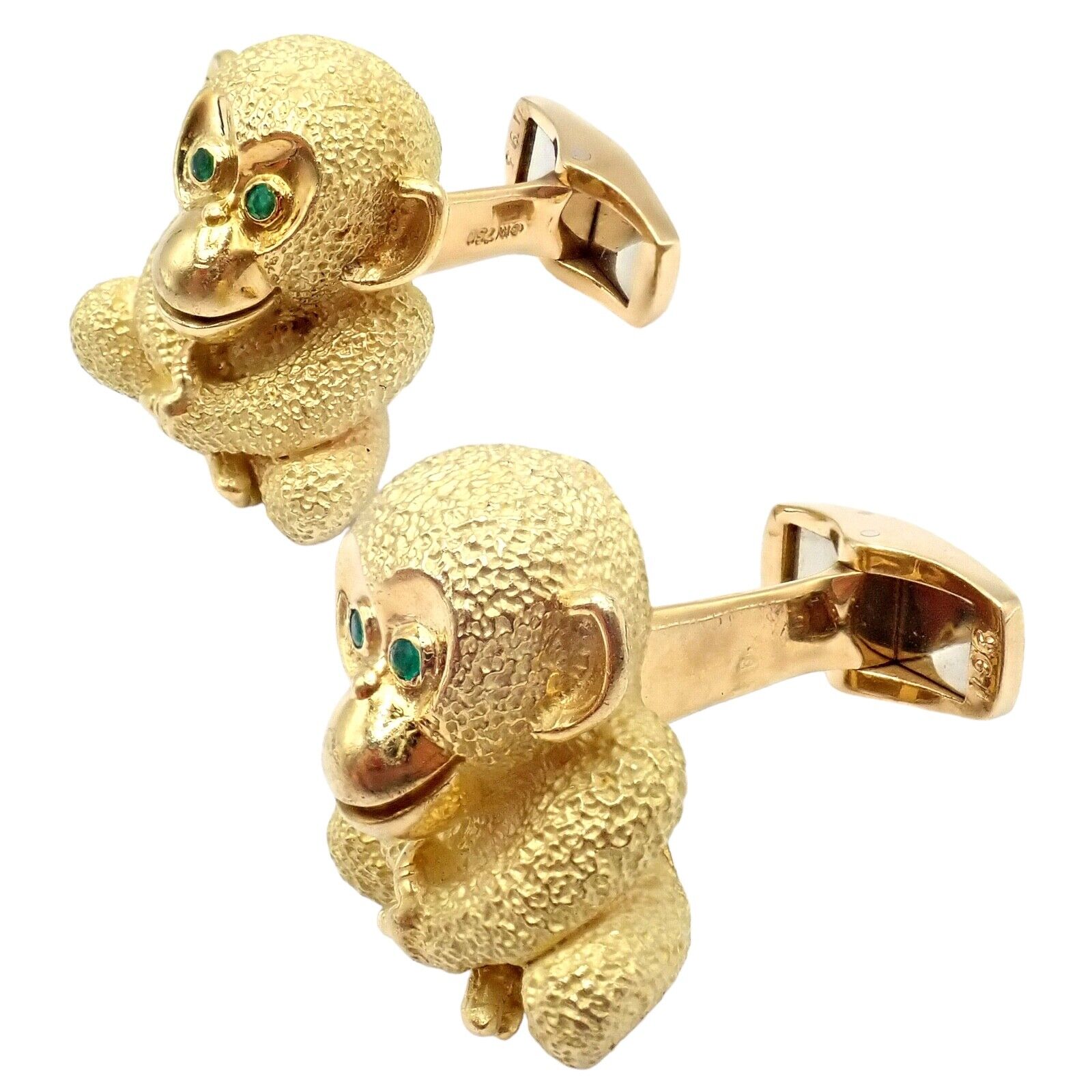 Authentic 18k Yellow Gold Emerald Whimsical Monkey Cufflinks by Kurt Wayne - Perfect for Weddings, Formal Events & Gift Giving
