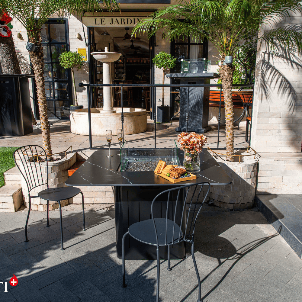 Brugge Marble Porcelain Outdoor Dining Table with Fire Pit - Weatherproof Patio Furniture for Backyard, Garden, Poolside Dining & Entertaining