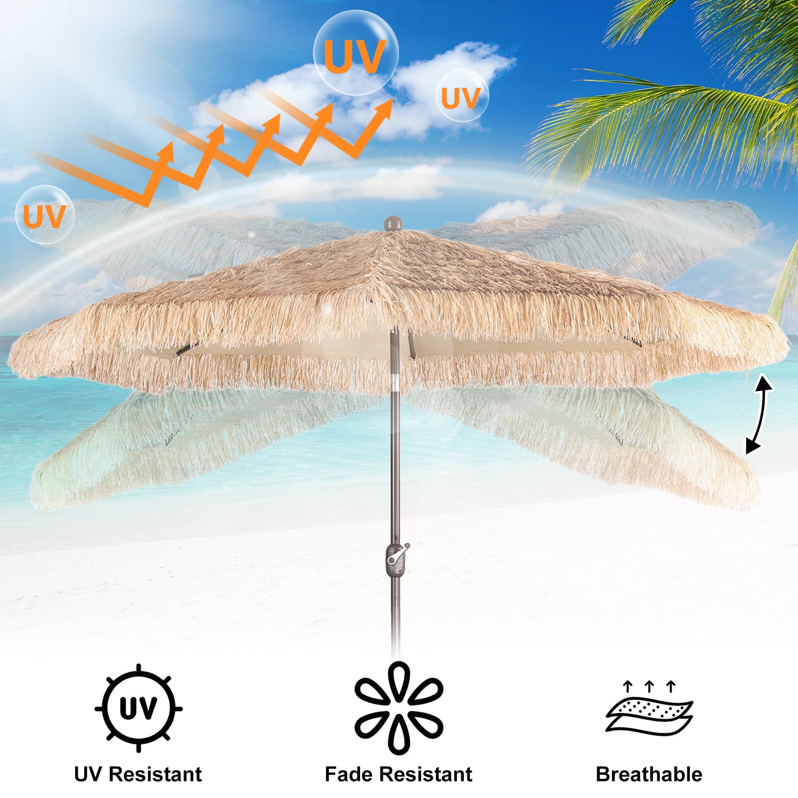 BPS 10FT Thatch Patio Umbrella - Tiki Style Outdoor Umbrella with Easy Crank Lift, Natural Straw Look - Perfect for Poolside, Backyard, Beach, Garden & Patio Parties (No Base Included)