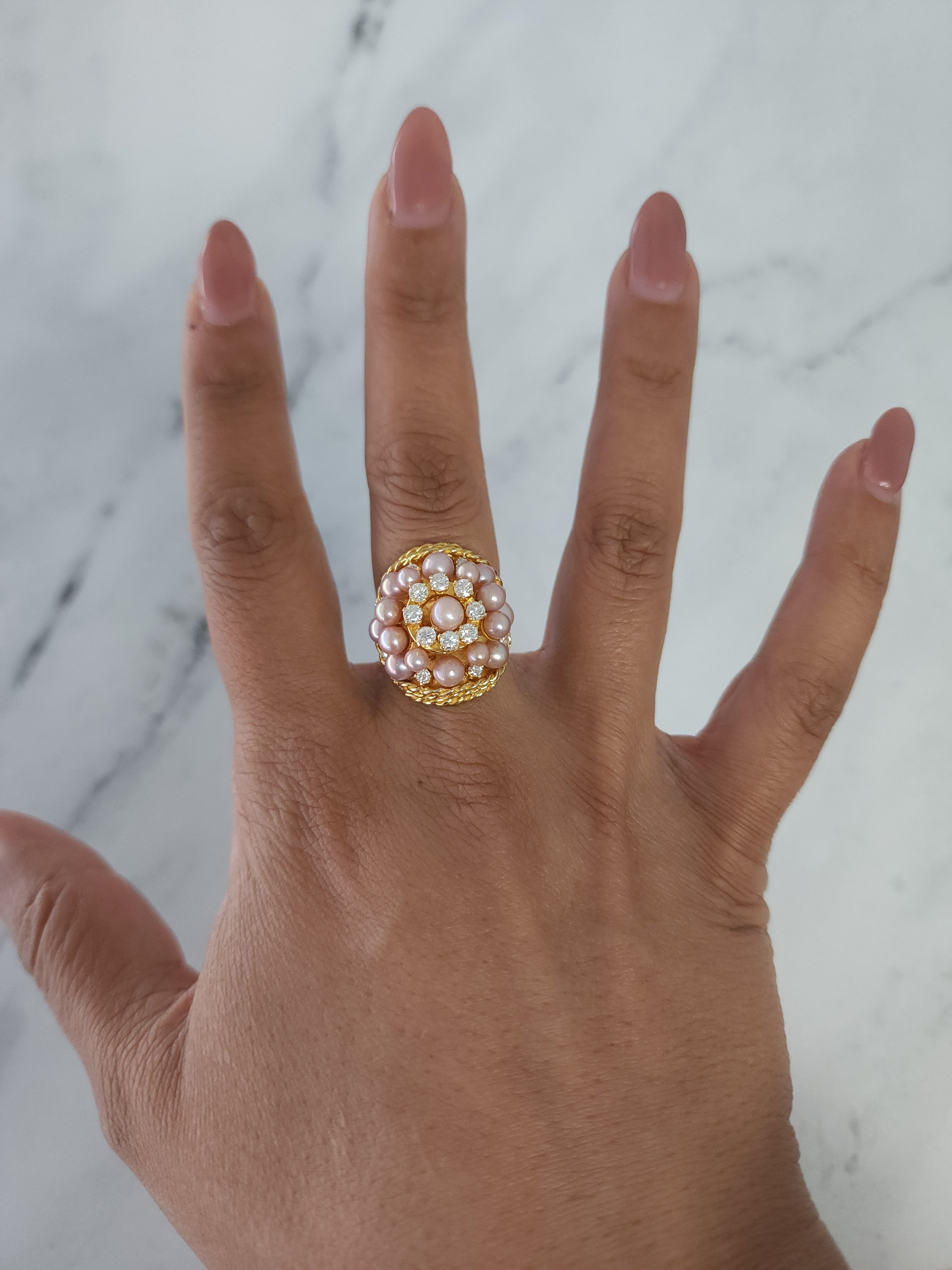 Elegant Pink Pearl & Diamond Triple Halo Cocktail Ring with Rope Design - Perfect for Evening Parties, Weddings & Special Occasions