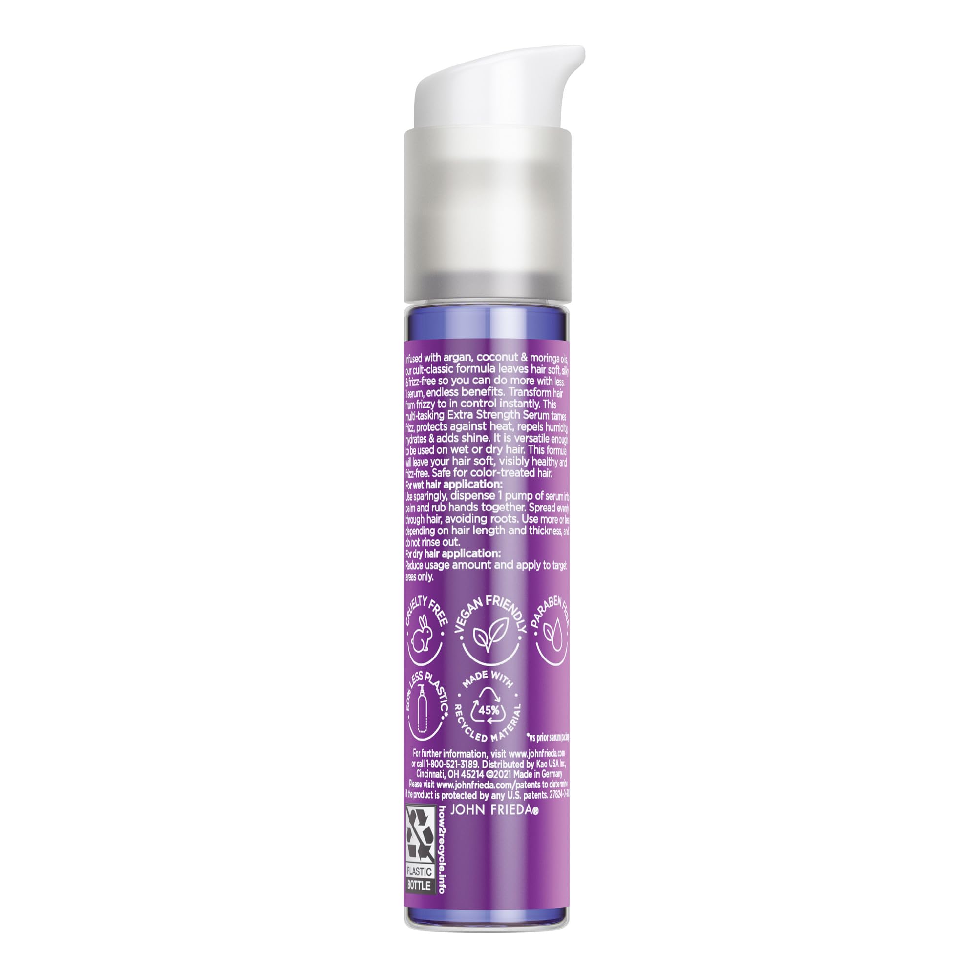 John Frieda Frizz Ease Extra Strength Hair Serum - 1.69 Oz | Instantly Smooths & Hydrates Thick, Coarse Hair | Argan, Coconut & Moringa Oil for Frizz Control & Heat Protection | Perfect for Daily Styling, Humidity Protection & Salon-Like Results at Home