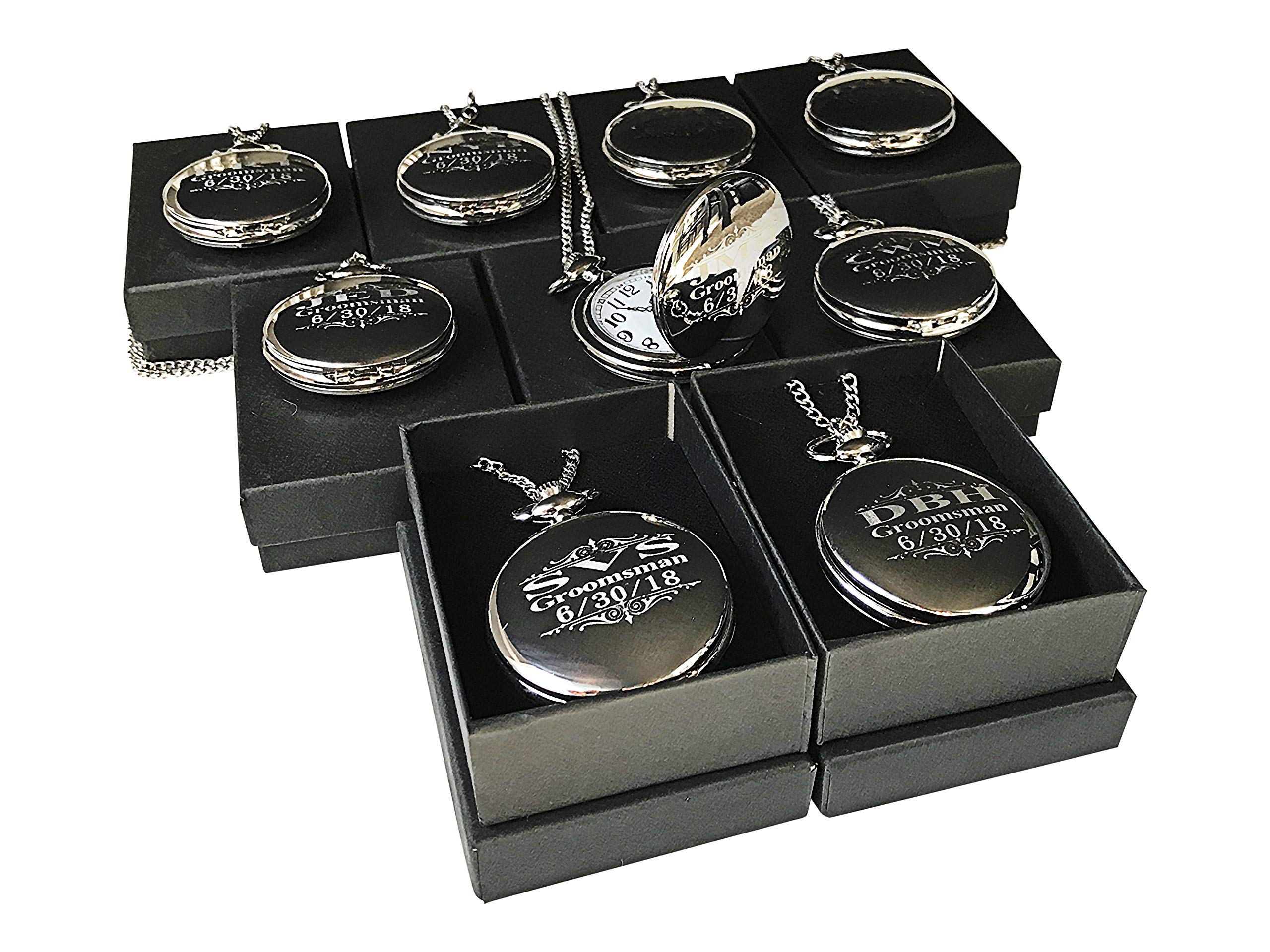 7 Engraved Pocket Watches for Groomsmen - Wedding Gift Set with Chain, Engraving & Gift Box (5 Colors) - Unique His & Her Gifts for Anniversary, Bridal Party & Special Occasions
