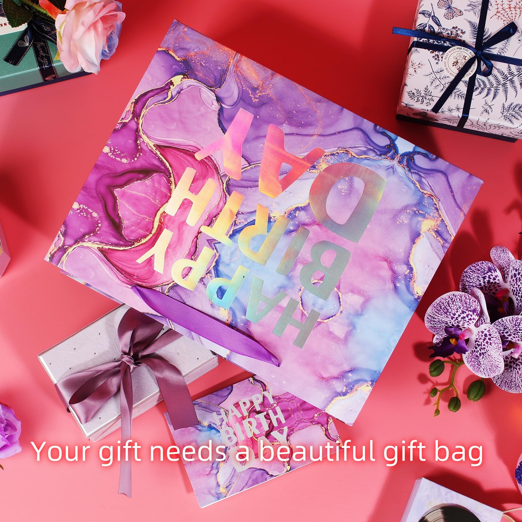 PARNOG 13 Inch Large Happy Birthday Gift Bags with Tissue Paper & Greeting Card - Perfect for Girls, Kids & Women Birthday Parties, Baby Showers & Special Occasions