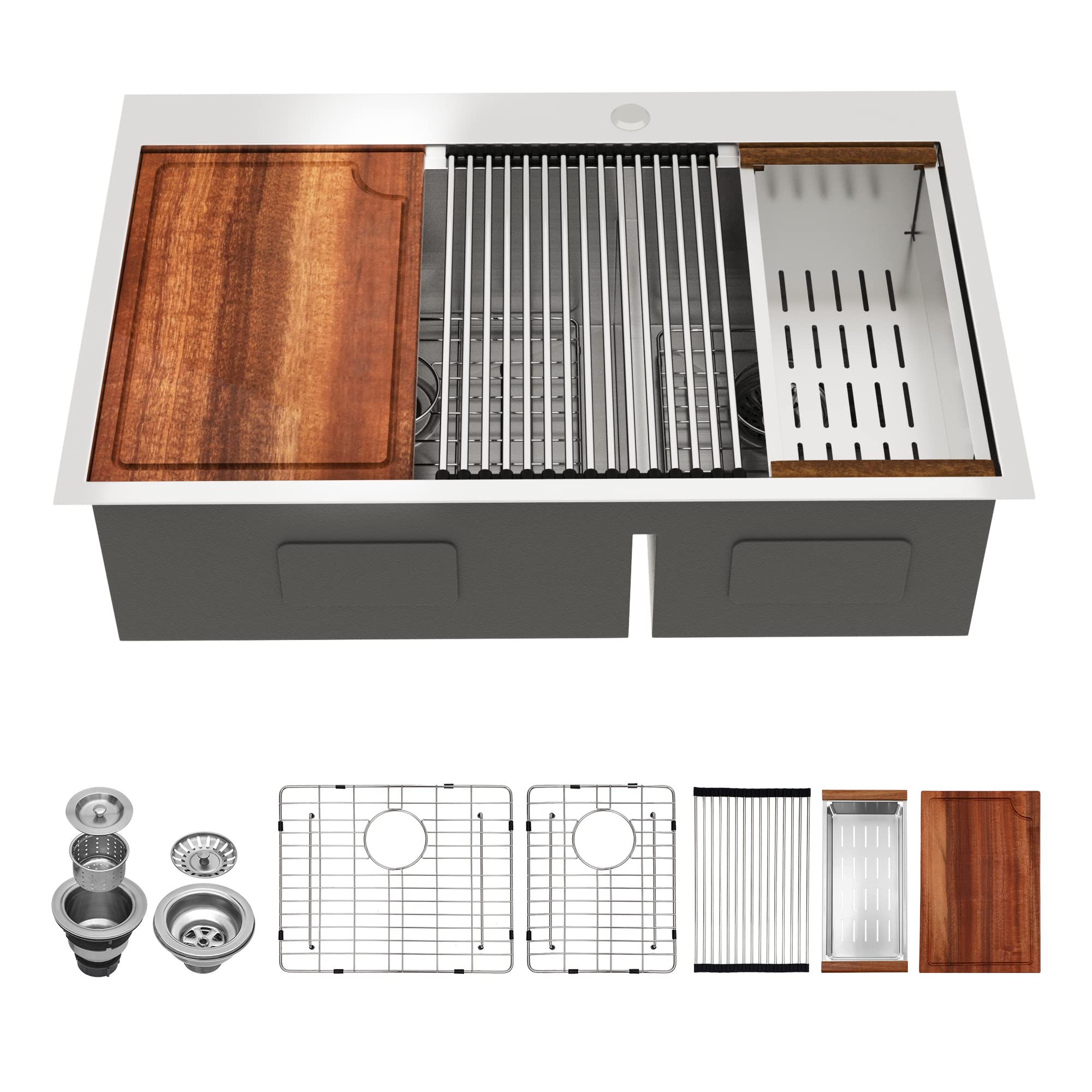 Logmey 33 Inch Double Bowl Stainless Steel Kitchen Sink - 18 Gauge Topmount Drop-in Workstation, 60/40 Split, 33x22 Inch - Perfect for Meal Prep, Dishwashing & Busy Kitchens