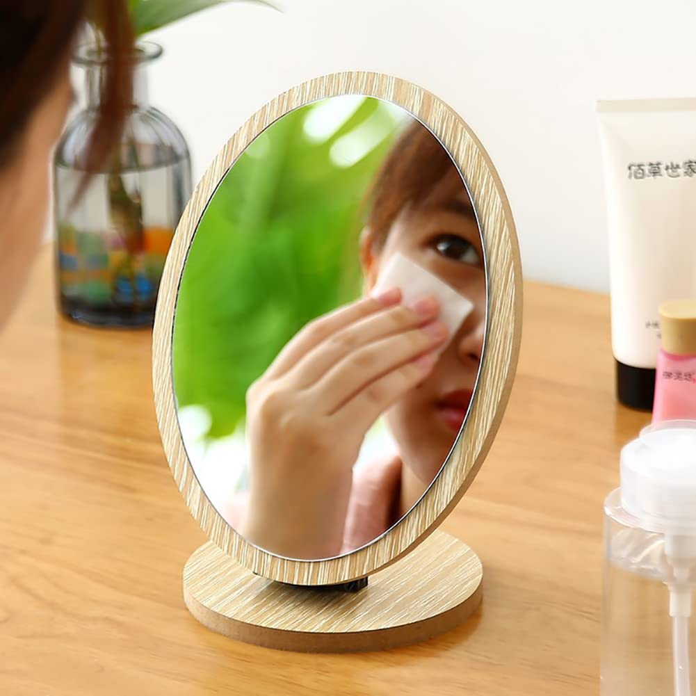 Round Wooden Compact Table Mirror - Rotatable Desktop Vanity Mirror for Makeup & Cosmetics | Perfect for Dressing Tables, Bedrooms, and Travel Beauty Kits