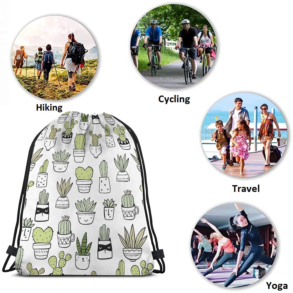 Floral Hand Drawn Cactus Drawstring Backpack - Tropical Summer Style Gym Sack with Green Cacti Plant Art Design - Yoga Bag for Men & Women - Perfect for Sports, Gym, Beach & Outdoor Activities