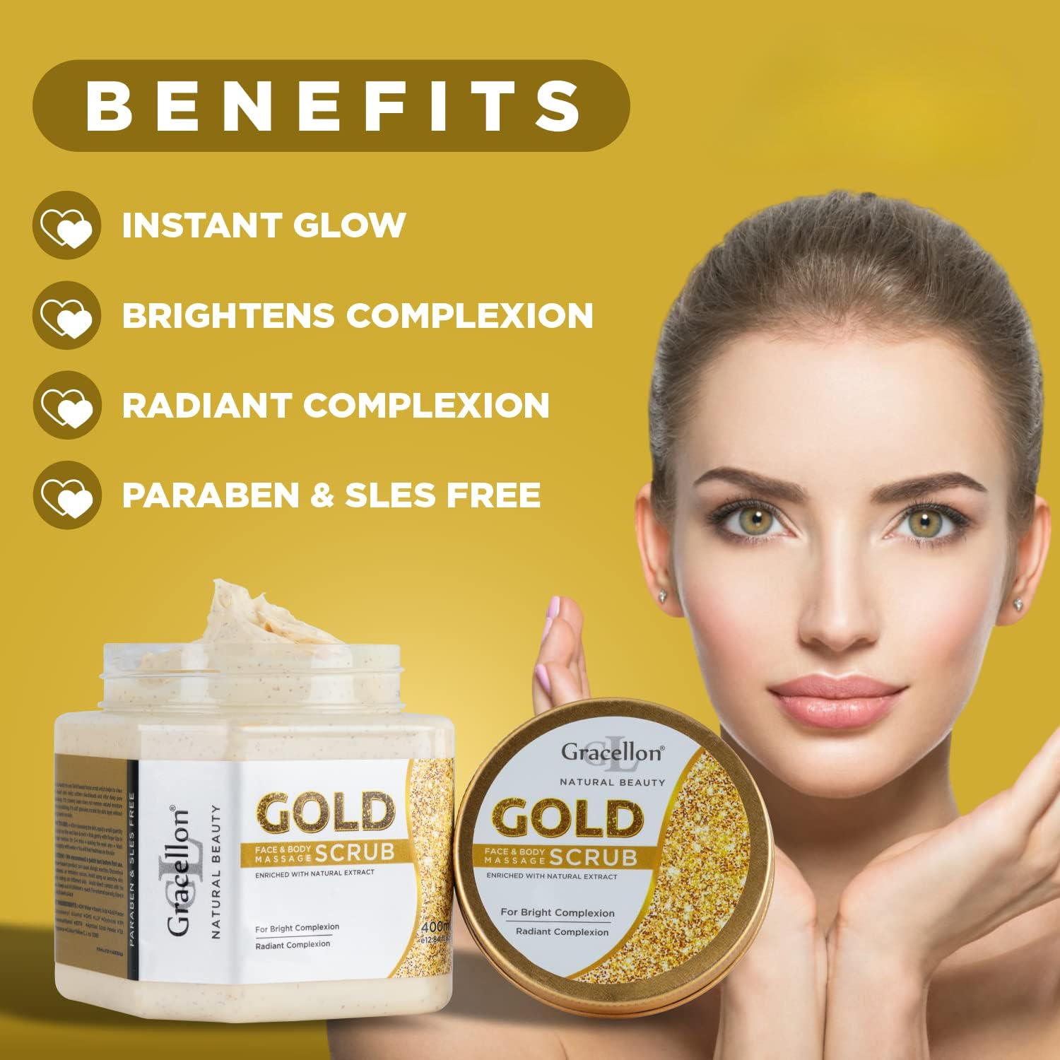 Organic Gold Face & Body Massage Scrub - Paraben & SLES Free for Radiant, Brightened Skin with Instant Glow - 400ml | Perfect for Spa Day, Self-Care Routine & Gift Giving