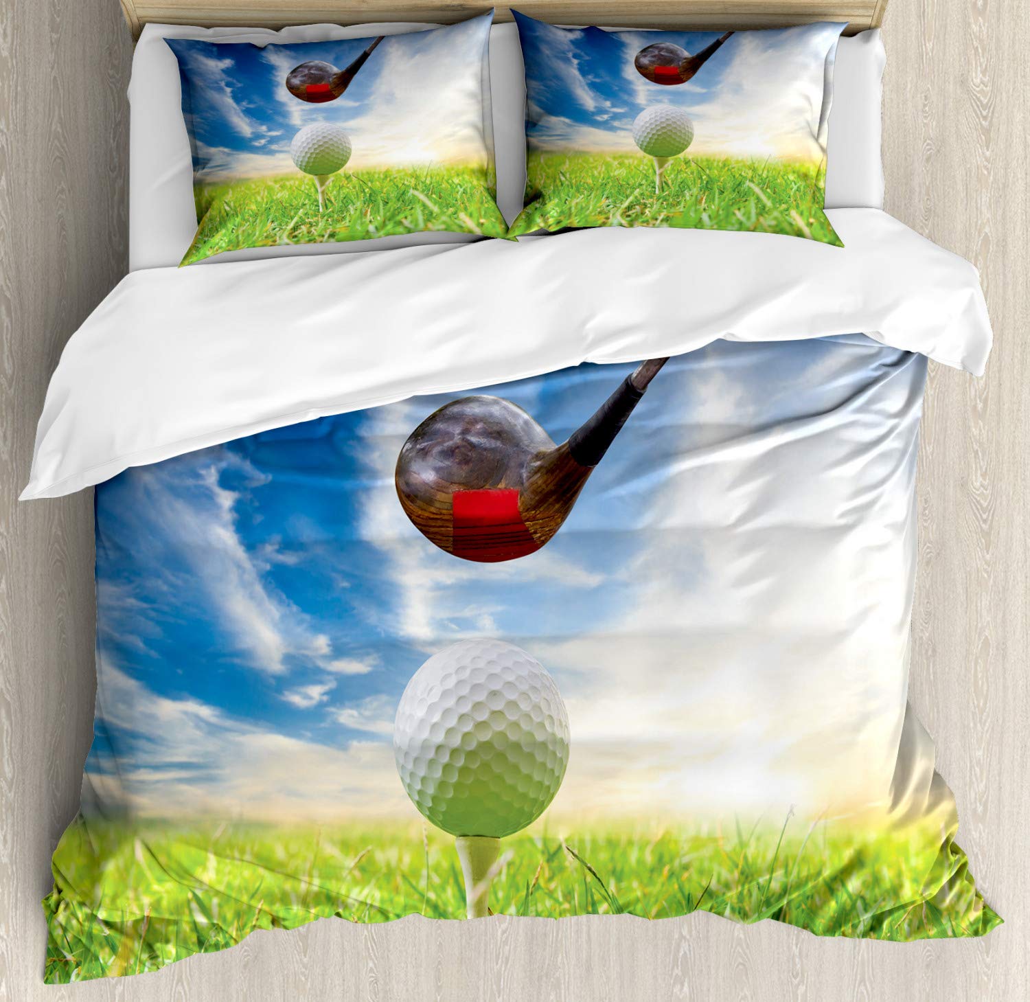 Ambesonne Golf Club Themed Duvet Cover Set - King Size 3 Piece Bedding with 2 Pillow Shams, Macro Photography Print of Golf Ball on Tee in Blue & Green | Perfect for Golf Enthusiasts Bedroom Decor, Sports Themed Guest Room, or Man Cave