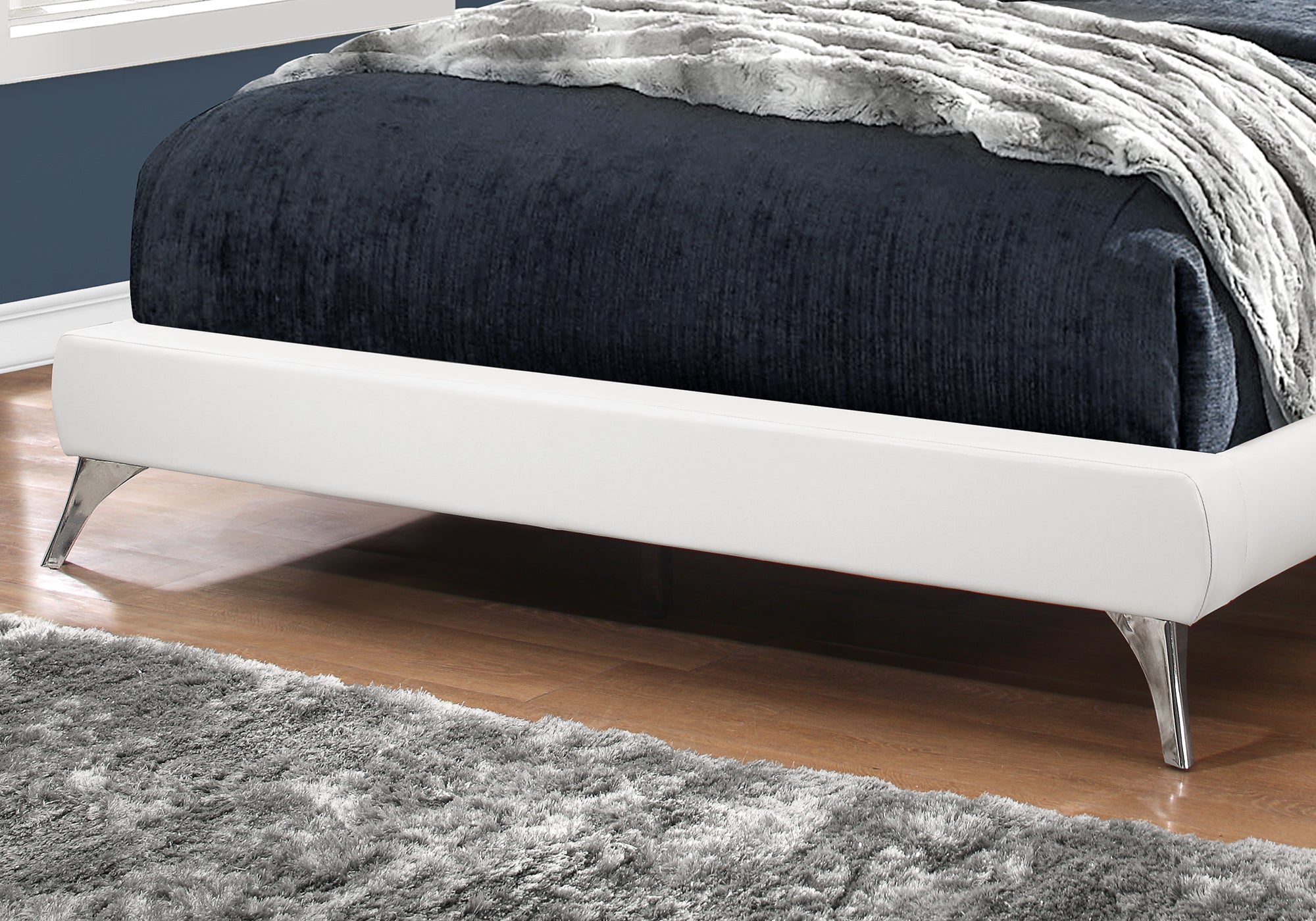 Queen Size Bed Frame - White Faux Leather Upholstered with Chrome Legs - Modern Bedroom Furniture for Home, Apartment, and Guest Room