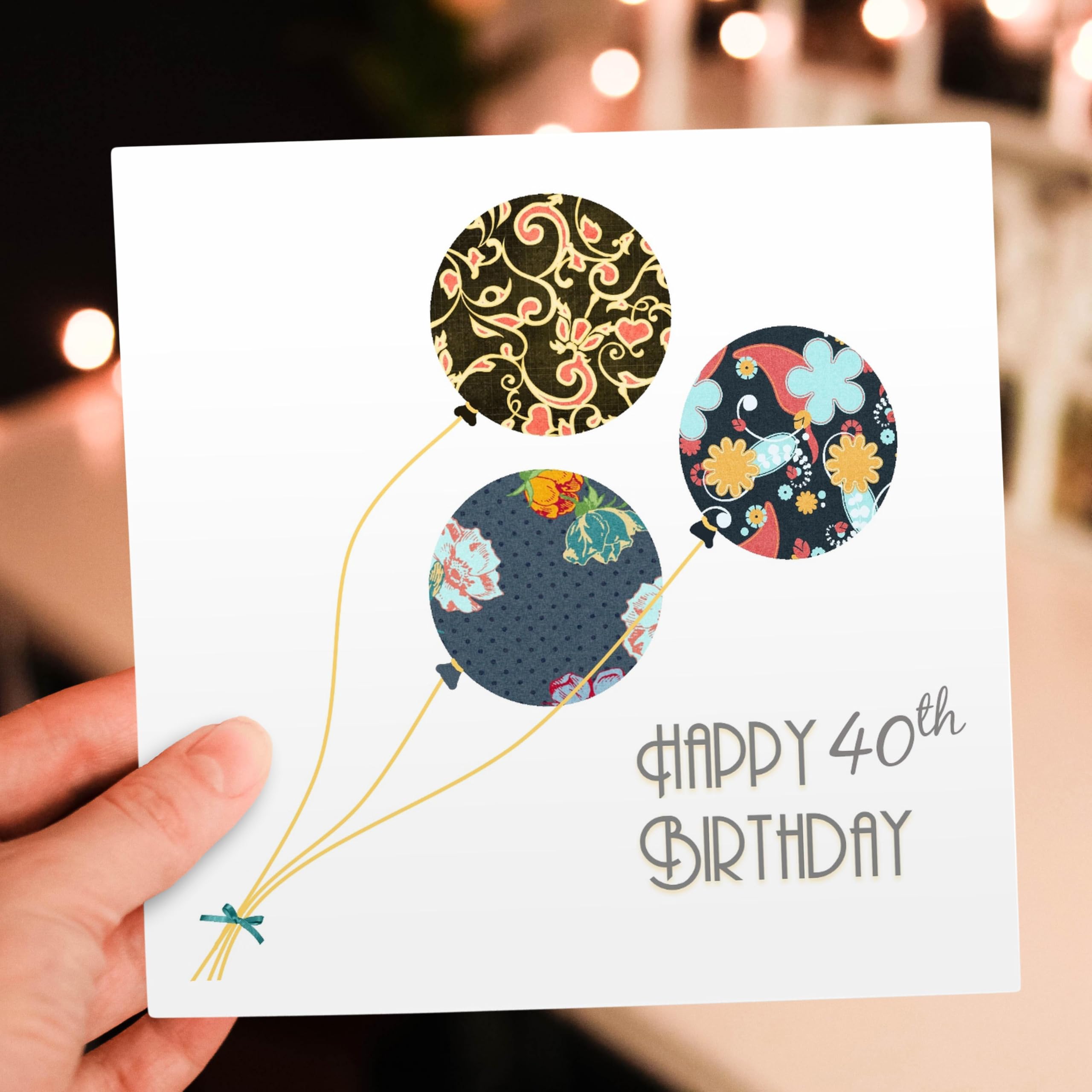 40th Birthday Floral Balloons Greeting Card - Black, Brown, Blue - 6x6 Inches Single Card for Women & Men - Perfect for Milestone Celebrations & Party Decorations