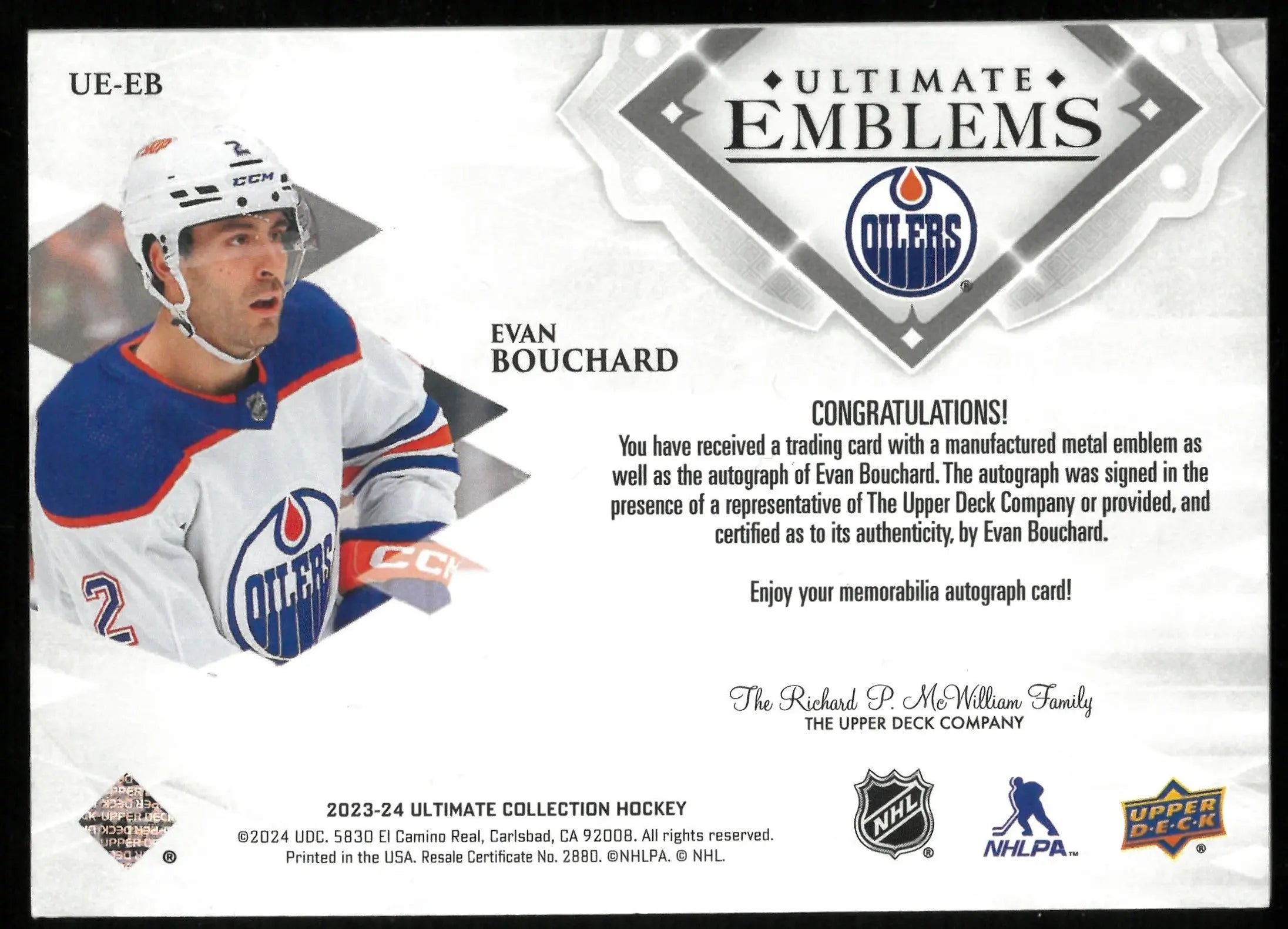 2023-24 Upper Deck Ultimate Hockey Evan Bouchard Ultimate Emblems Autograph Card - Collectible Sports Memorabilia for Hockey Fans & Card Collectors - Perfect for Display, Trading, and Investment