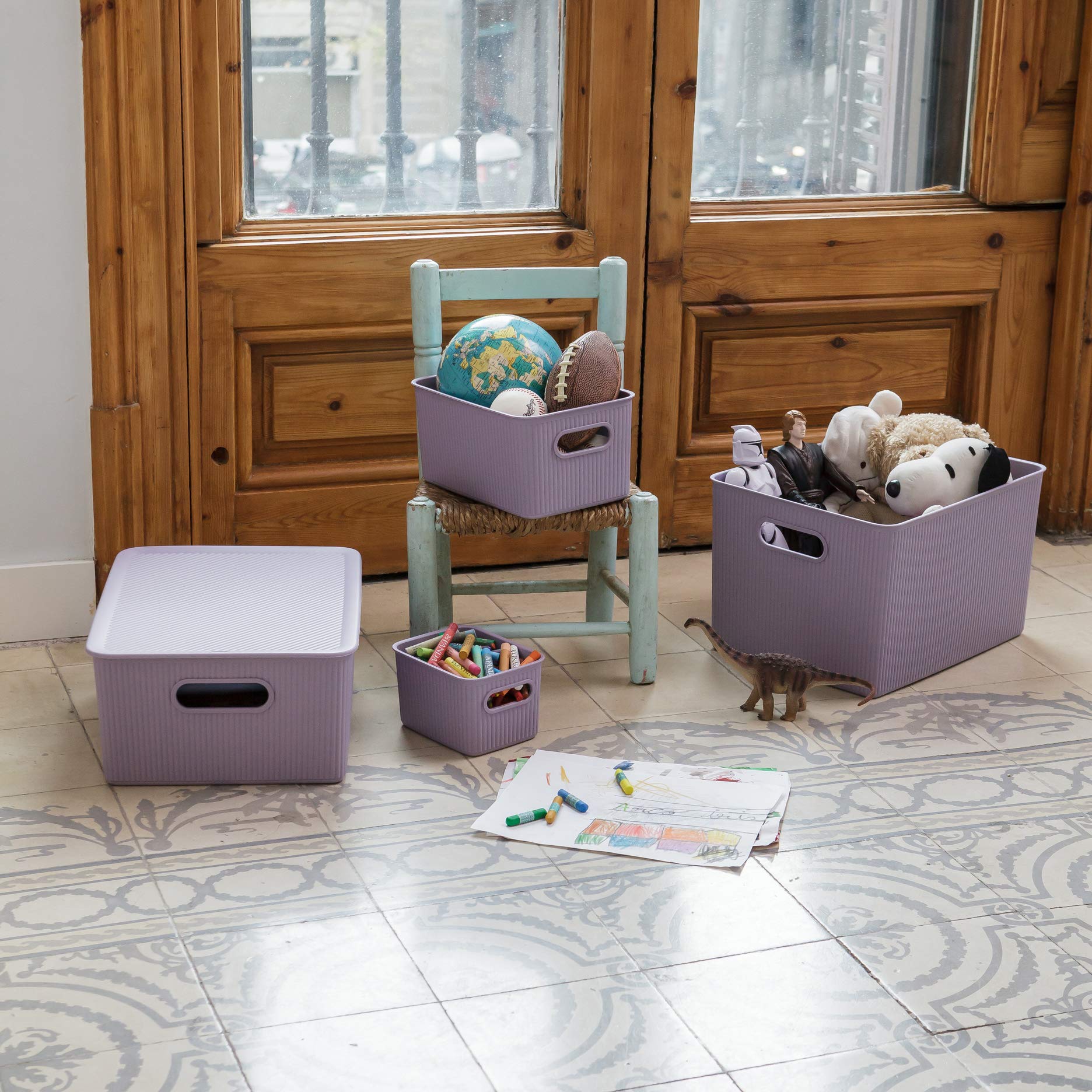 Superio Ribbed Storage Bins Set of 3 (X-Large, Large, Medium) - Decorative Plastic Organizer Baskets for Home, Closet & Shelves - Lilac Purple Storage Containers | Perfect for Bedroom, Bathroom & Office Organization
