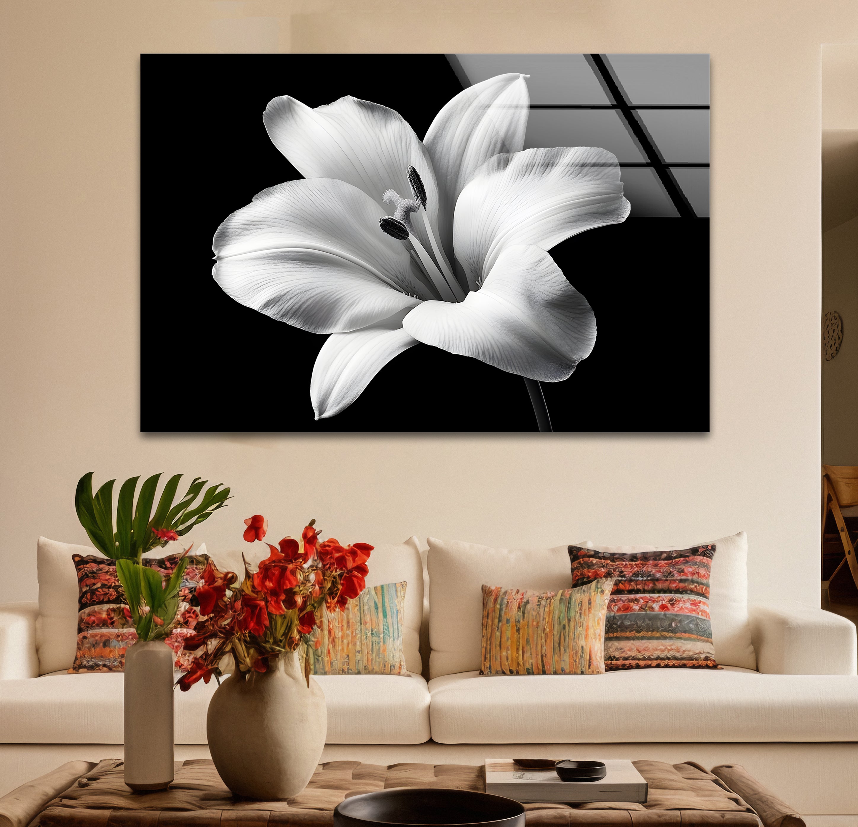 Elegant Black and White Lily Flower Glass Wall Art - Modern Home Decor for Living Room, Bedroom & Office - Perfect Gift for Housewarming, Wedding & Anniversary