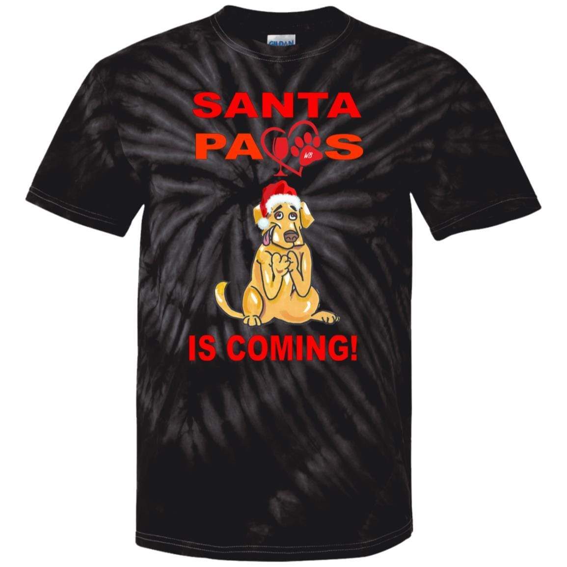 Santa Paws Is Coming Tie Dye Youth T-Shirt | Cute Holiday Dog Christmas Tee for Kids | Perfect for Family Photos & Festive Gatherings