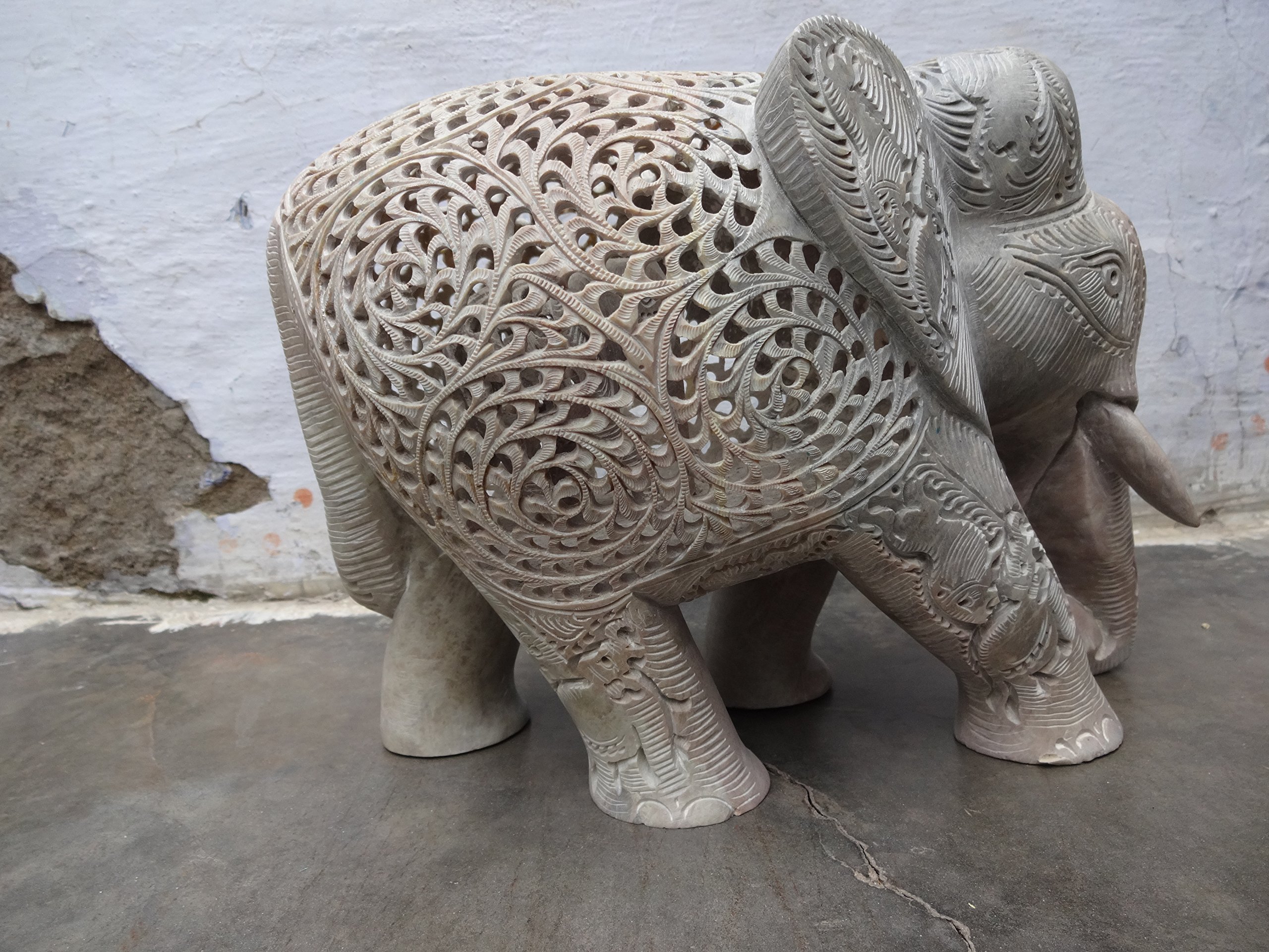 Handcrafted Soapstone Elephant Statue - Mother Elephant with Two Baby Elephants, 12x8 Inch, Luxury Home & Office Decor, Undercut & Jali Artwork, Perfect Gift for Elephant Lovers - Ideal for Living Room, Bookshelf, or Meditation Space Display
