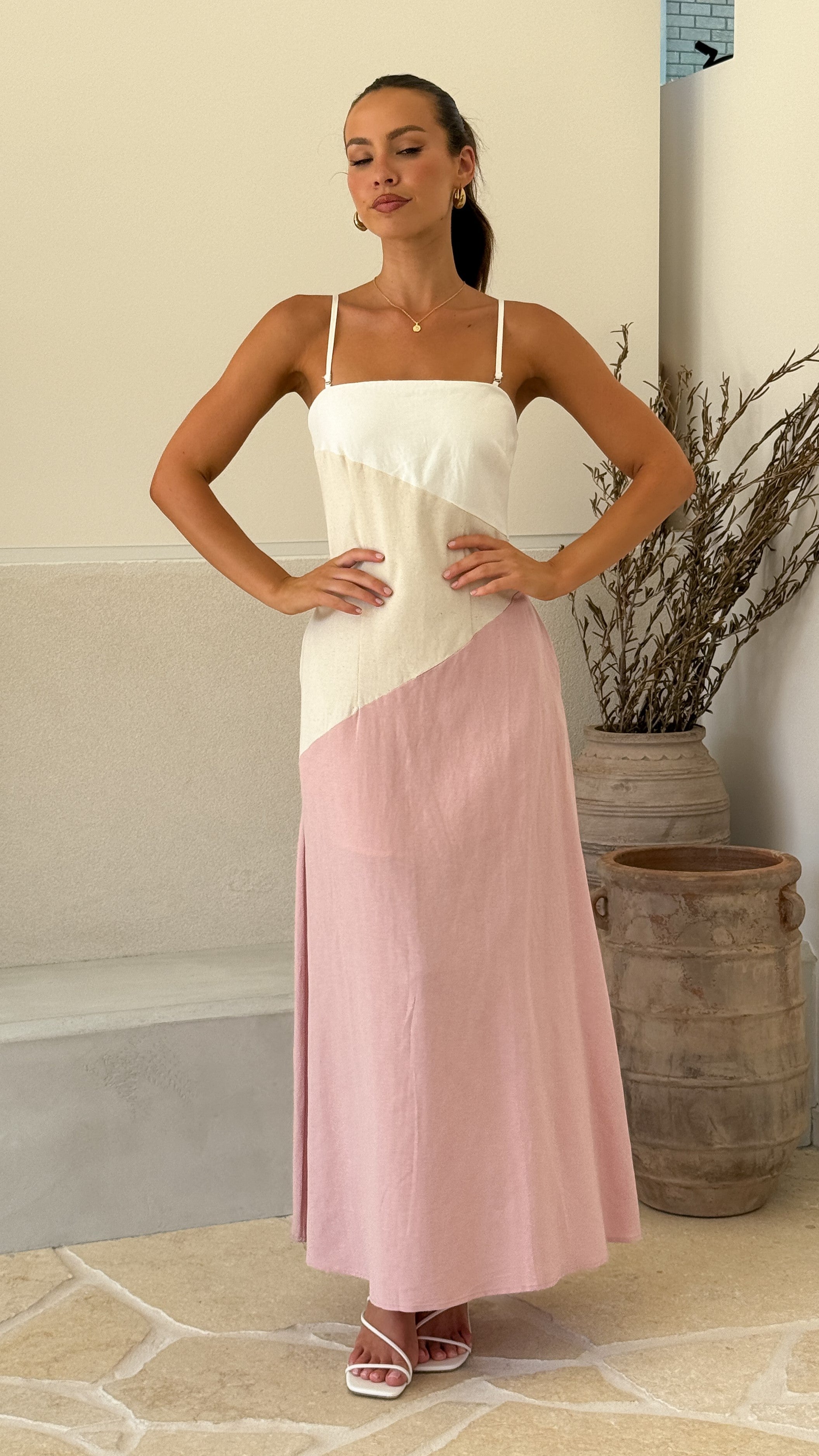 Brionie Maxi Dress for Women - Flowy Long Summer Dress in Pink & White | Beach Wedding, Vacation, Party Outfit