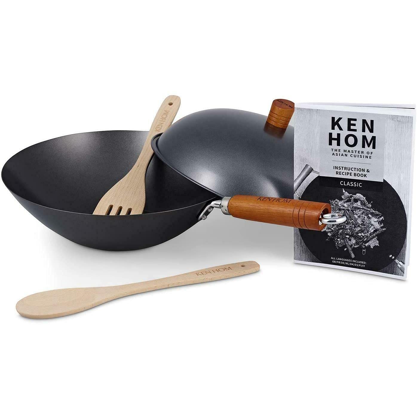 Ken Hom KH331051 5-Piece Nonstick Carbon Steel Wok Set, 31cm Classic Flat Bottom Pan with Lid - Induction Incompatible, Hand Wash Only, 2-Year Warranty - Perfect for Asian Stir-Fry, Home Cooking & Professional Kitchens