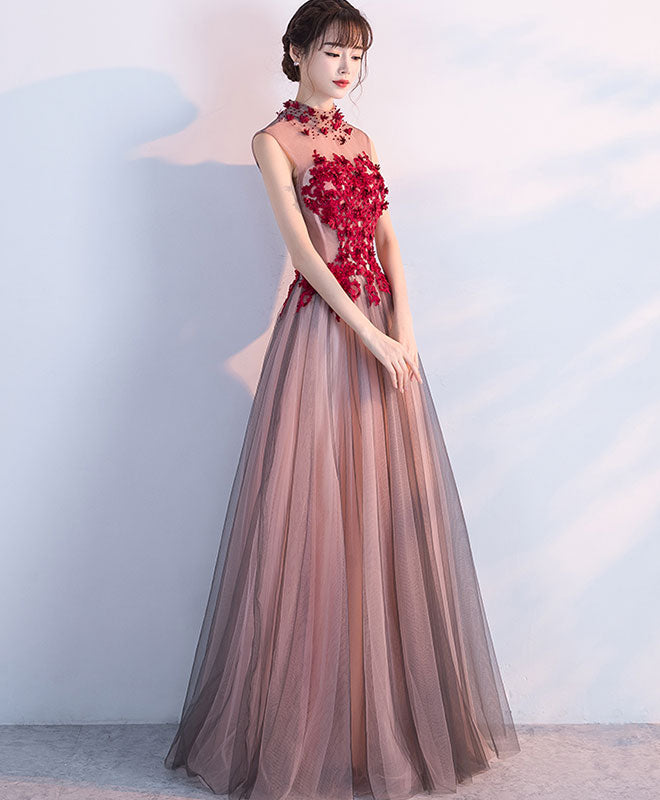 Elegant Burgundy Tulle Lace Long Prom Dress for Women - Formal Evening Gown for Homecoming, Wedding, Ball & Special Occasions