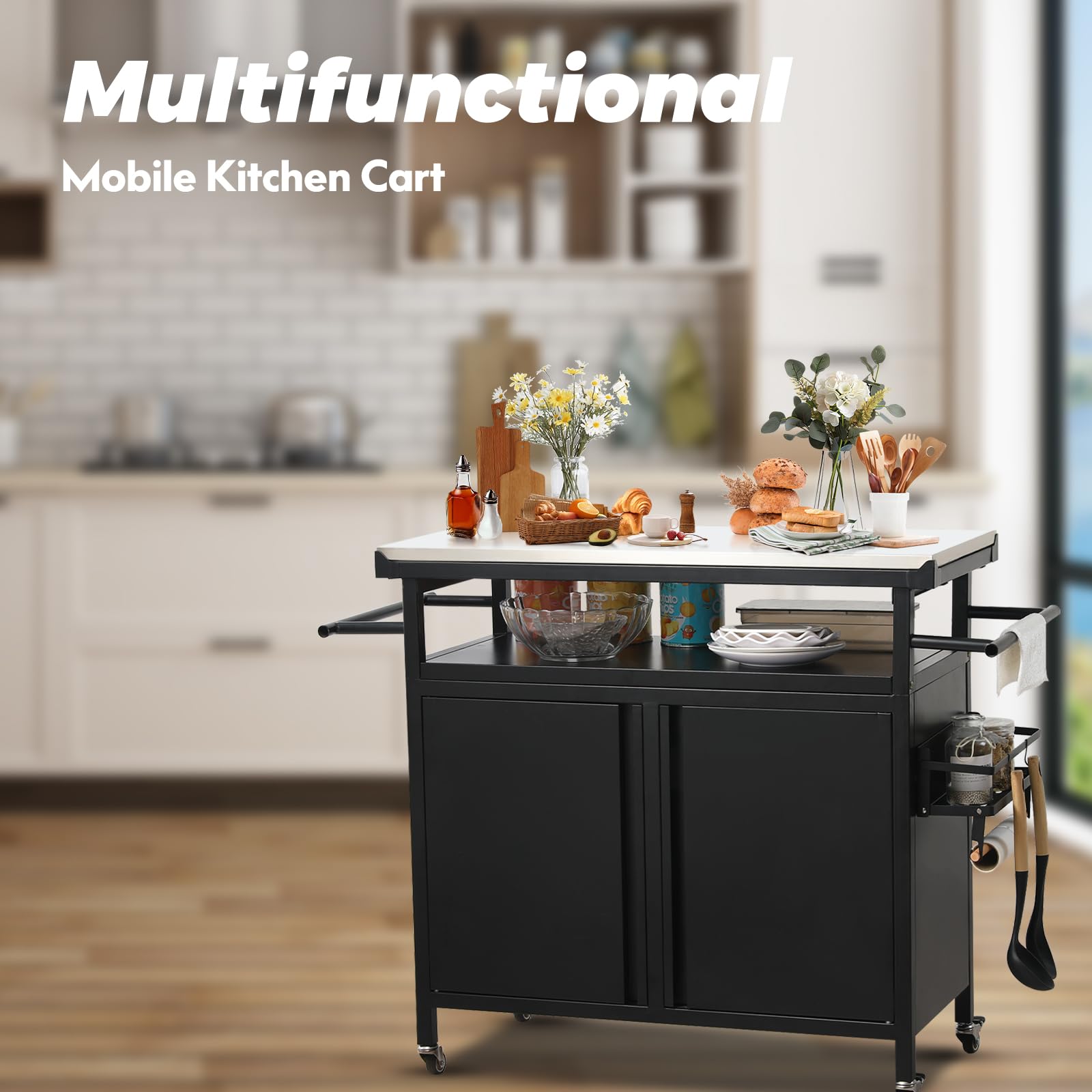 XL Rolling Bar Grill Cart - Outdoor Patio Furniture with Stainless Steel Top | Kitchen Prep & Grilling Accessories Storage Cabinet | Perfect for Backyard BBQs, Tailgating & Outdoor Entertaining - Black