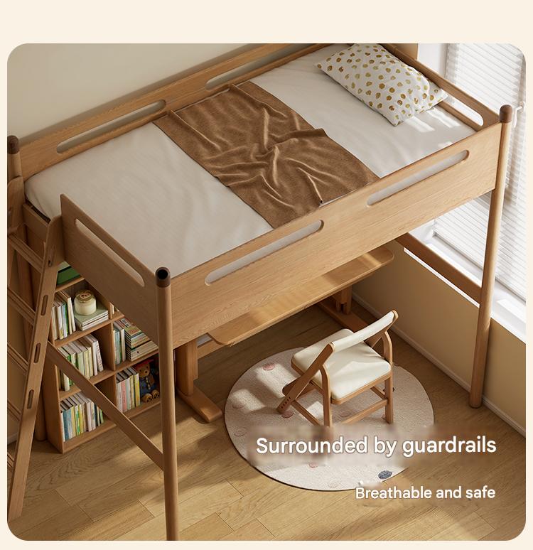 Solid Oak Wood Loft Bed with Storage Cabinet - Space-Saving Furniture for Small Rooms, Kids Bedroom & Dormitory