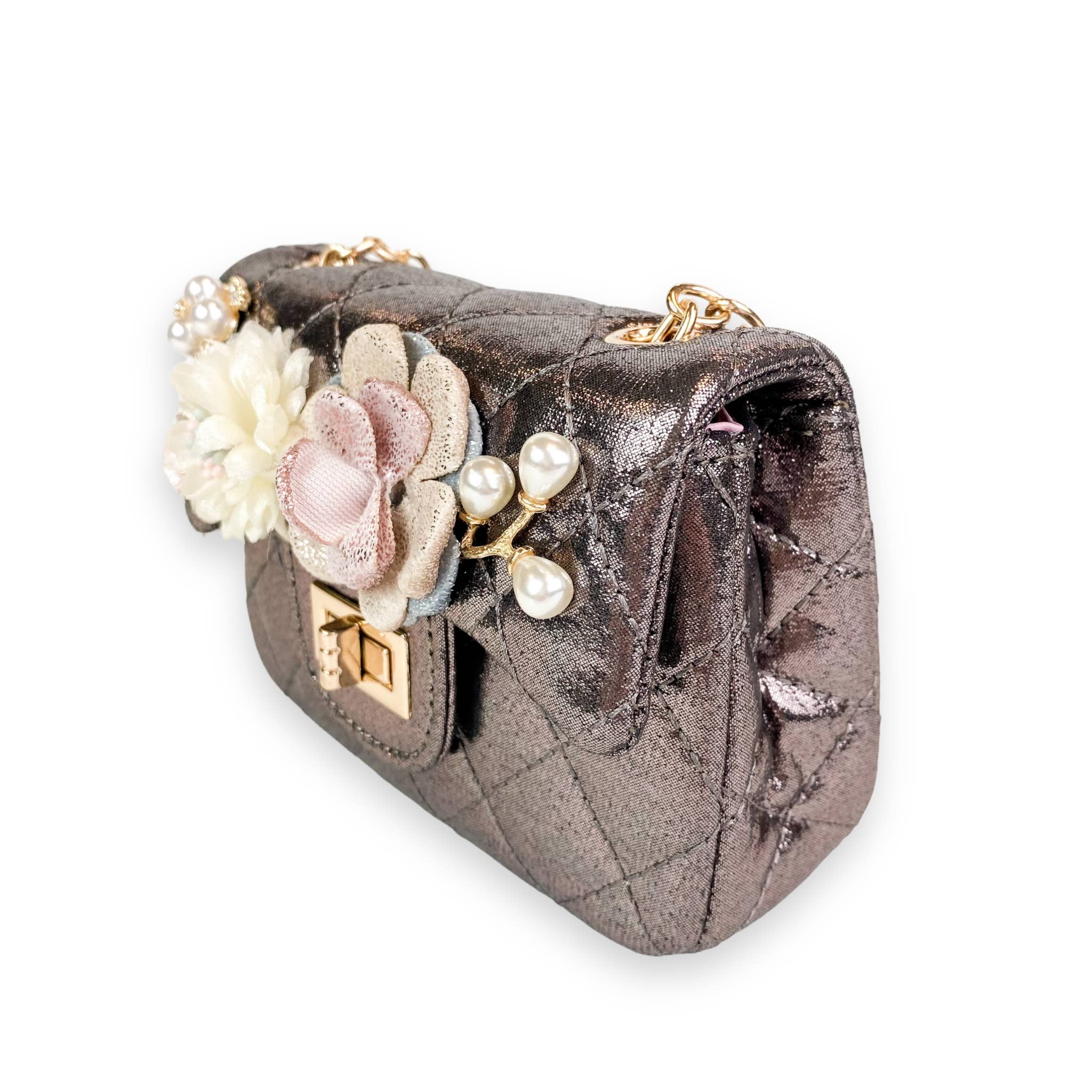 Shiny Silver Floral Applique Quilted Purse for Women - Elegant Evening Bag for Parties, Weddings & Special Occasions