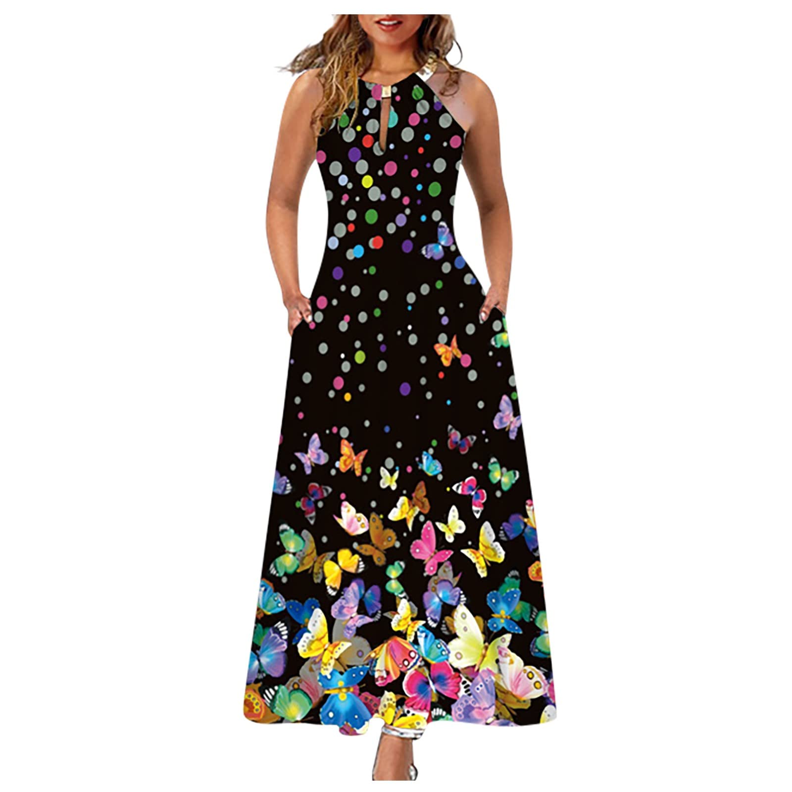 Plus Size Women's Long Maxi Dress with Round Neck & Metal Halter - Floral Print Casual Summer Dress for Beach, Party & Everyday Wear