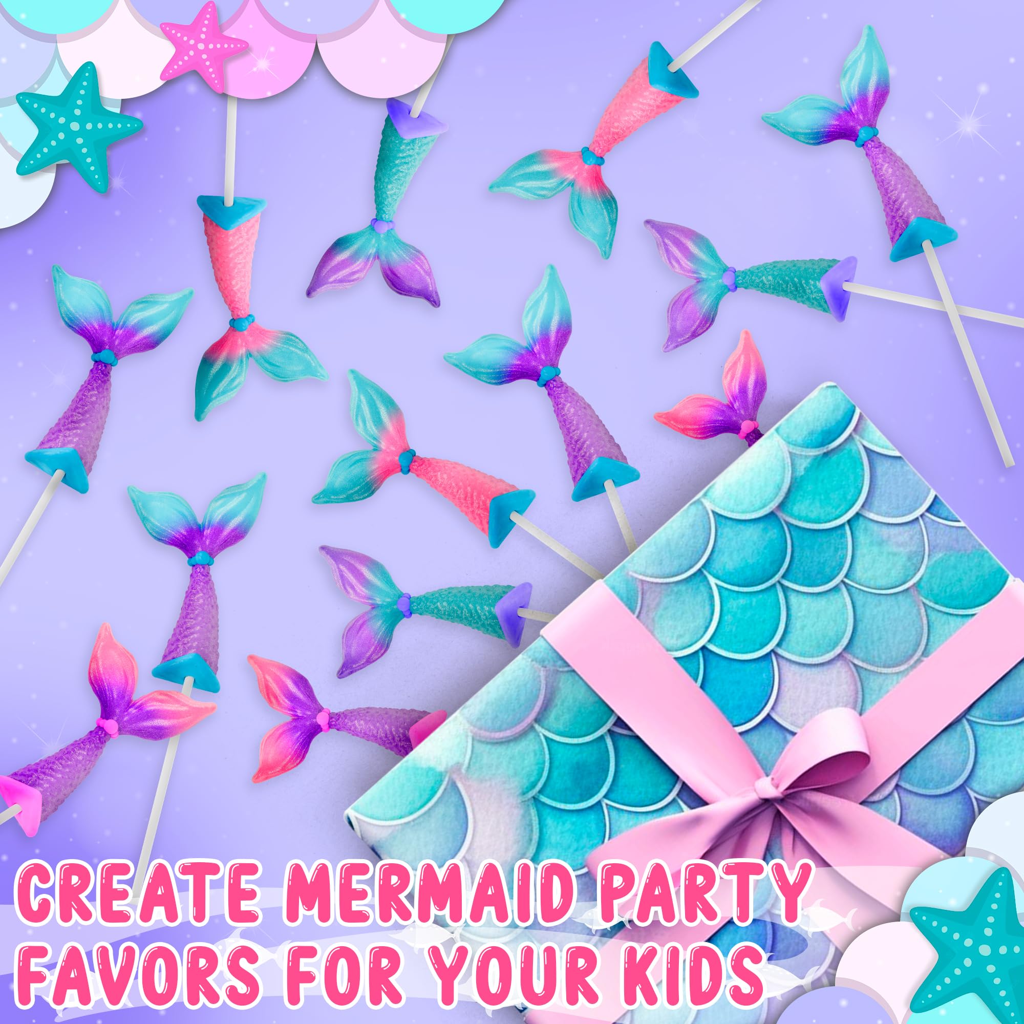 12-Pack Mermaid Candy Lollipops - Mermaid Tail Shaped Party Favors & Birthday Supplies - Sweet Mermaid Themed Snacks for Kids Parties, Baby Showers & Beach Events