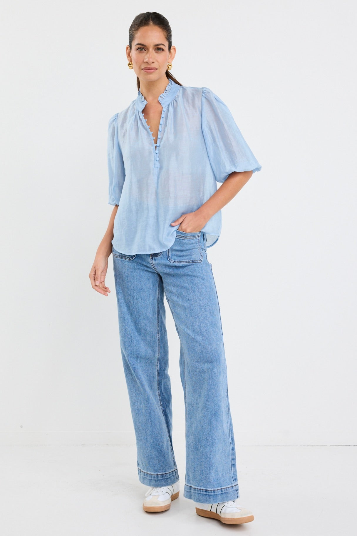 Pale Blue Sheer High Neck Button-Up Short Sleeve Blouse for Women | Elegant Office Wear & Summer Casual Outfits