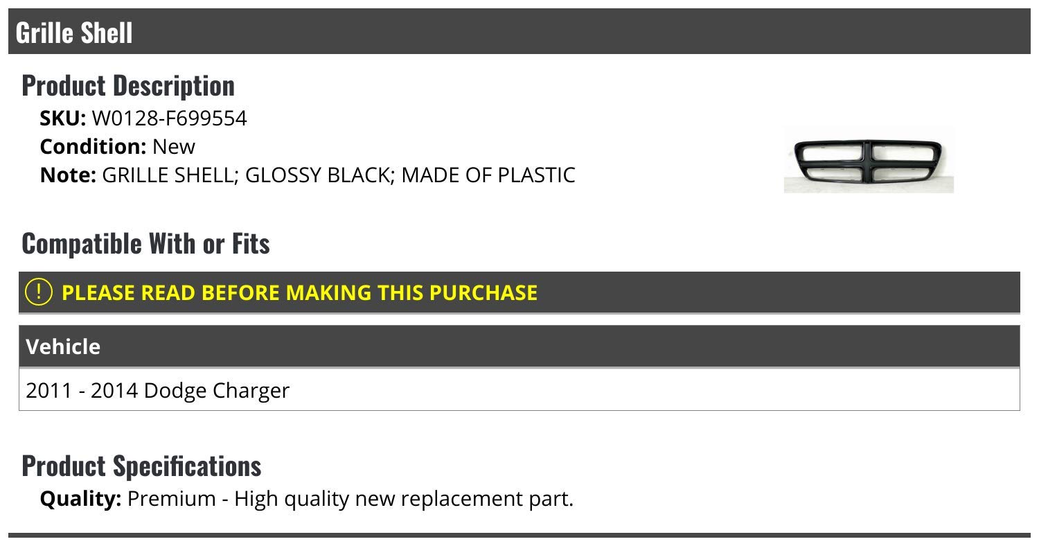 Glossy Black Grille Shell Replacement for 2011-2014 Dodge Charger | Front Bumper Upgrade | Enhances Vehicle Appearance & Protection for Daily Driving & Car Shows